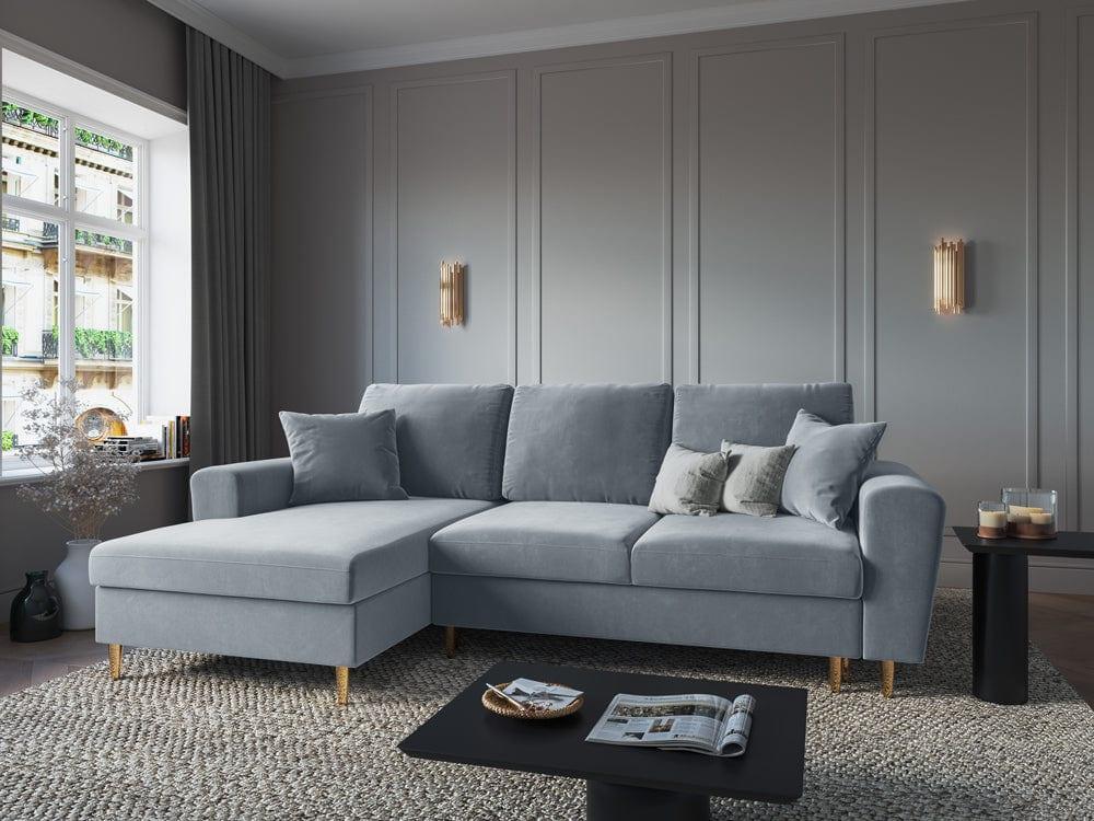 Narożnik lewostronny aksamitny z funkcją spania KYOTO jasnoniebieski ze złotą podstawą Cosmopolitan Design Eye on Design
