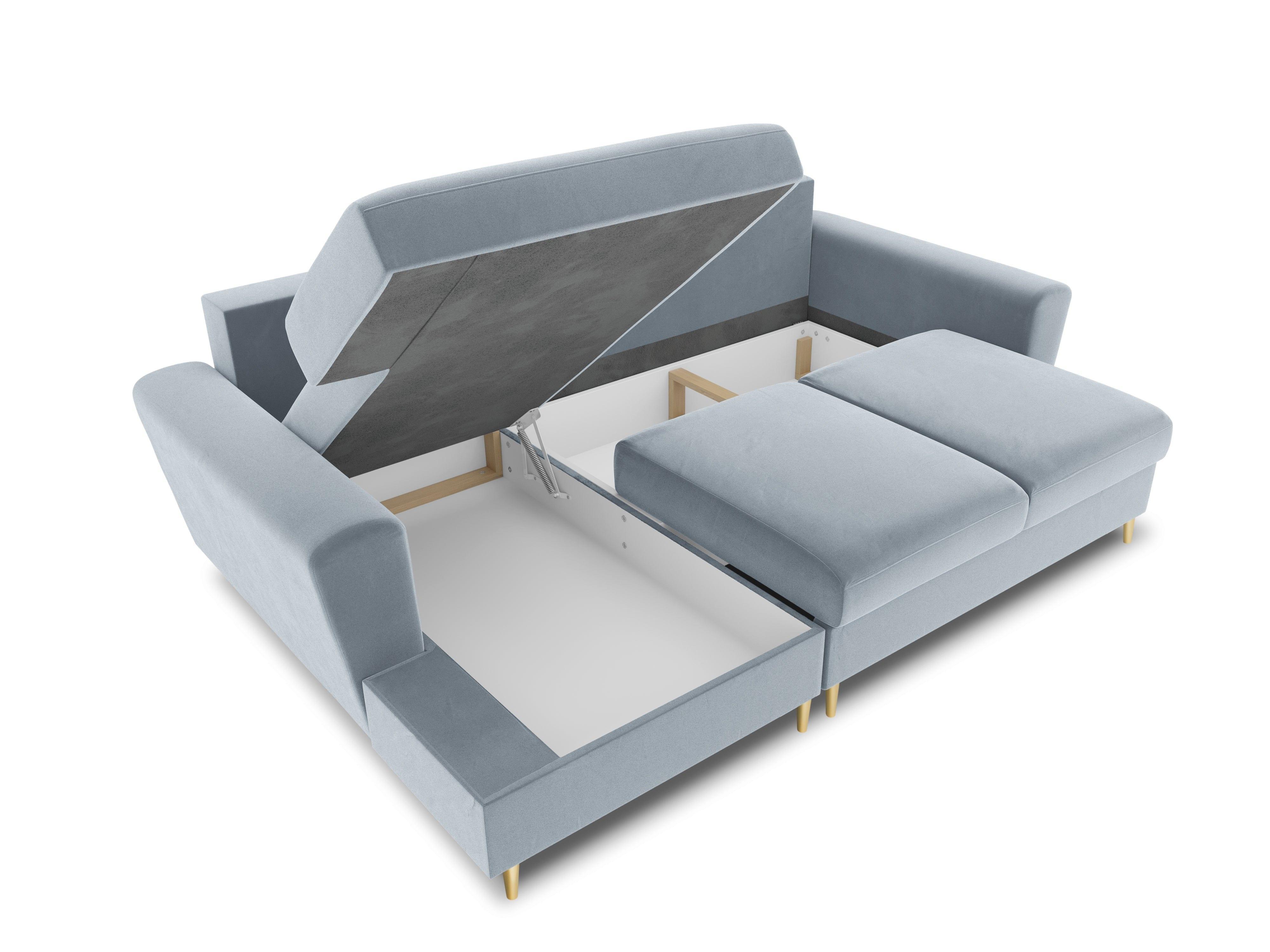 Narożnik lewostronny aksamitny z funkcją spania KYOTO jasnoniebieski ze złotą podstawą Cosmopolitan Design Eye on Design