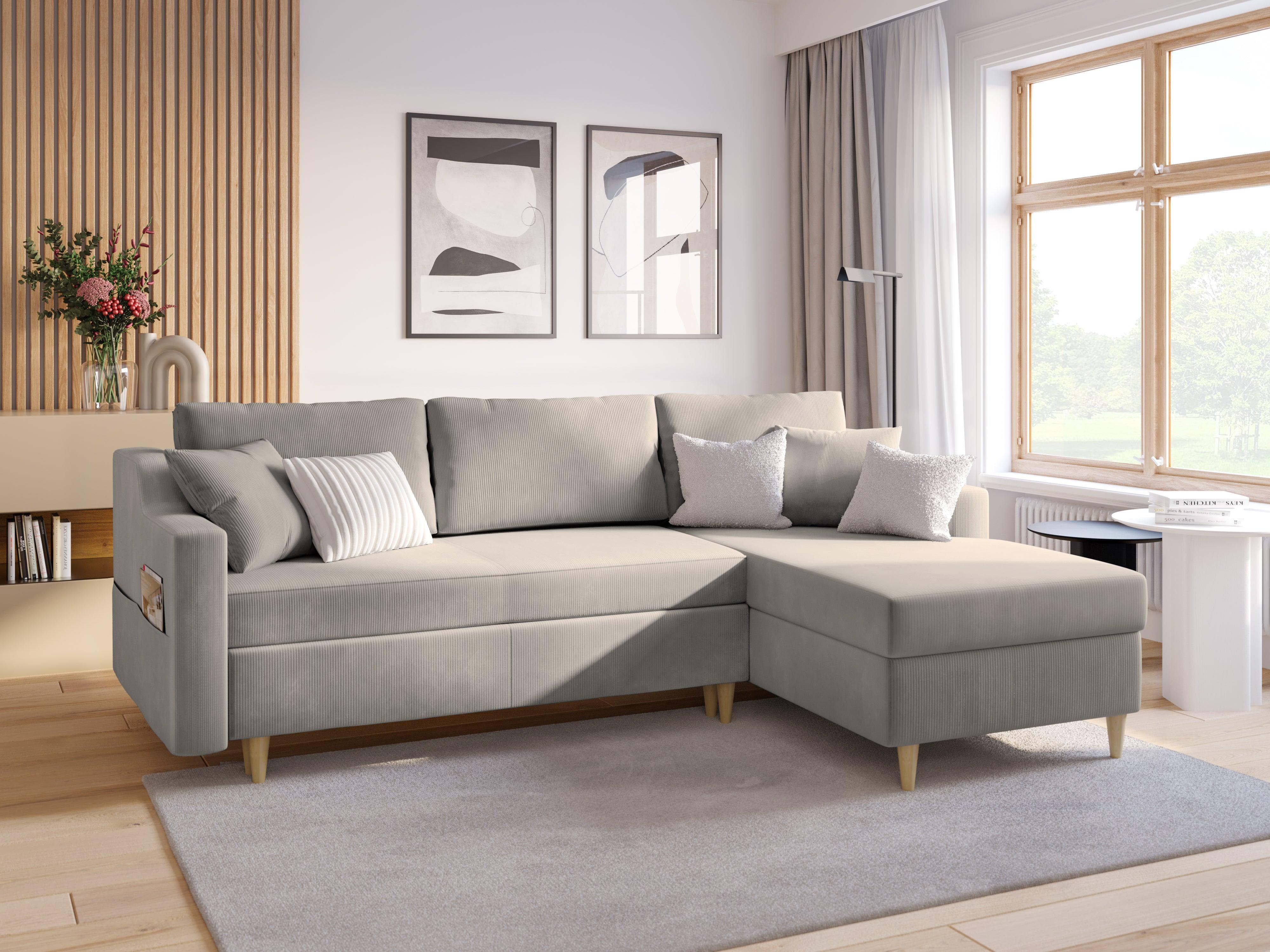 Narożnik lewostronny sztruksowy z funkcją spania ROSE jasnoszary Mazzini Sofas Eye on Design