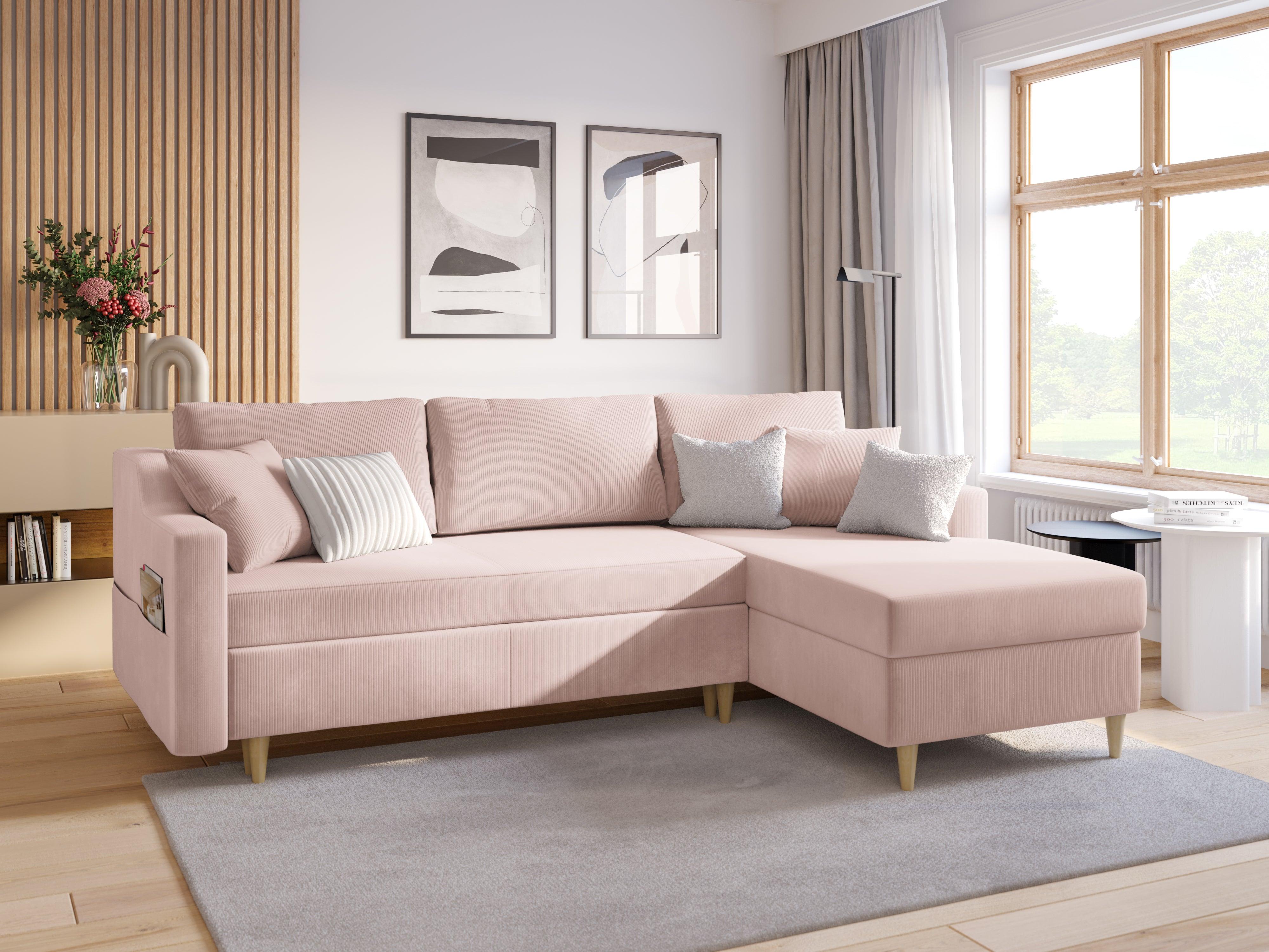 Narożnik lewostronny sztruksowy z funkcją spania ROSE różowy Mazzini Sofas Eye on Design