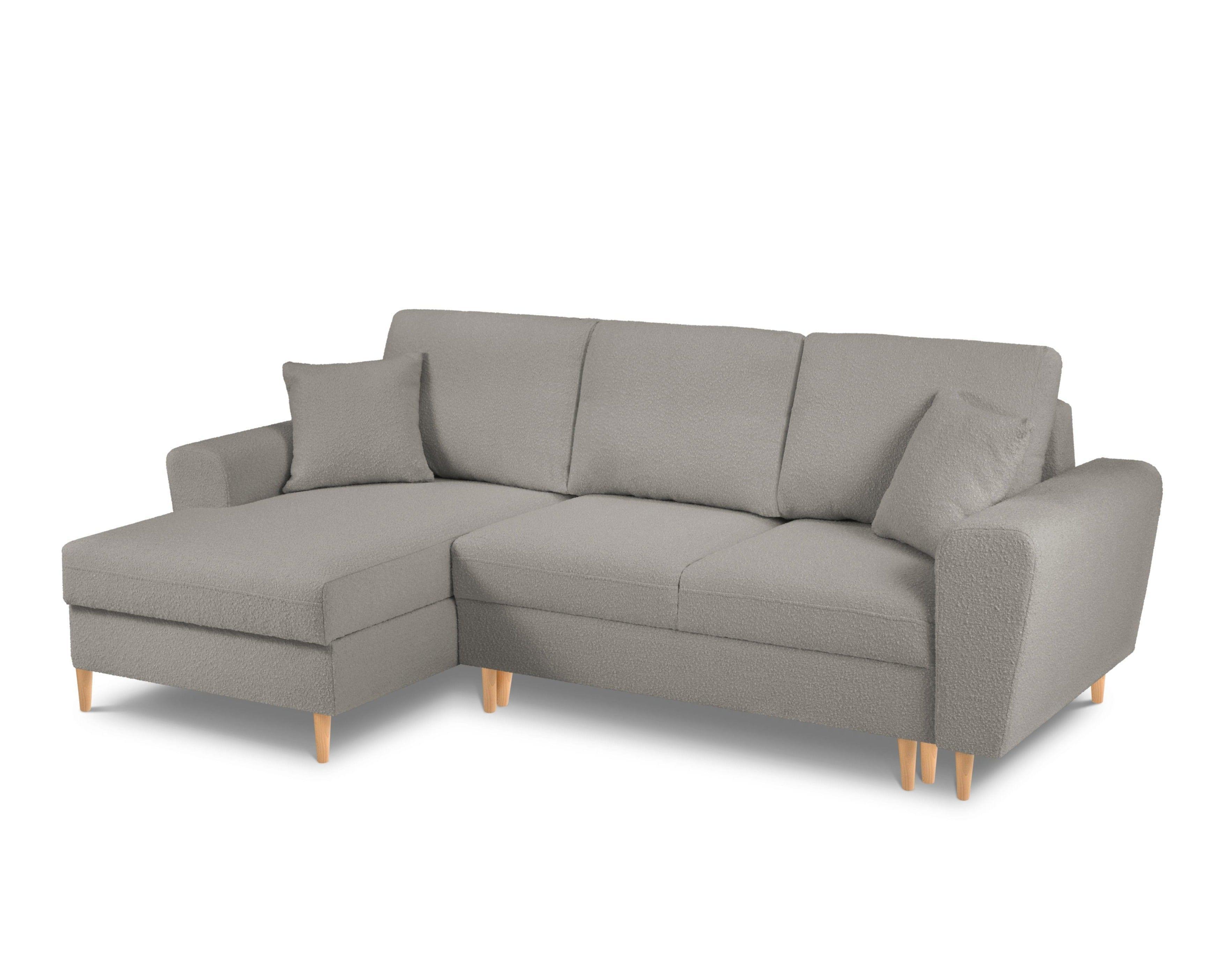 Narożnik lewostronny z funkcją spania KYOTO szary bouclé z drewnianą podstawą Cosmopolitan Design Eye on Design