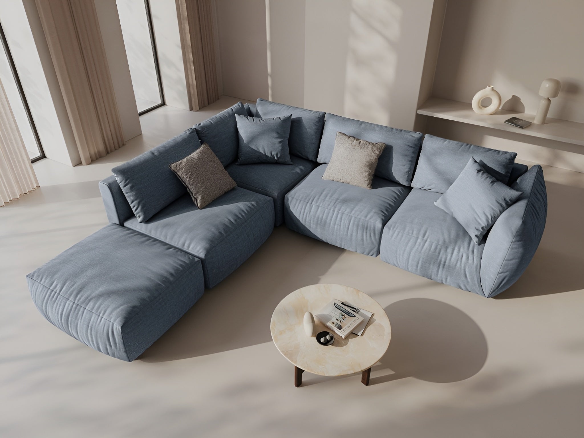 Right-facing modular corner sofa for 4 people CHRIS light blue chenille