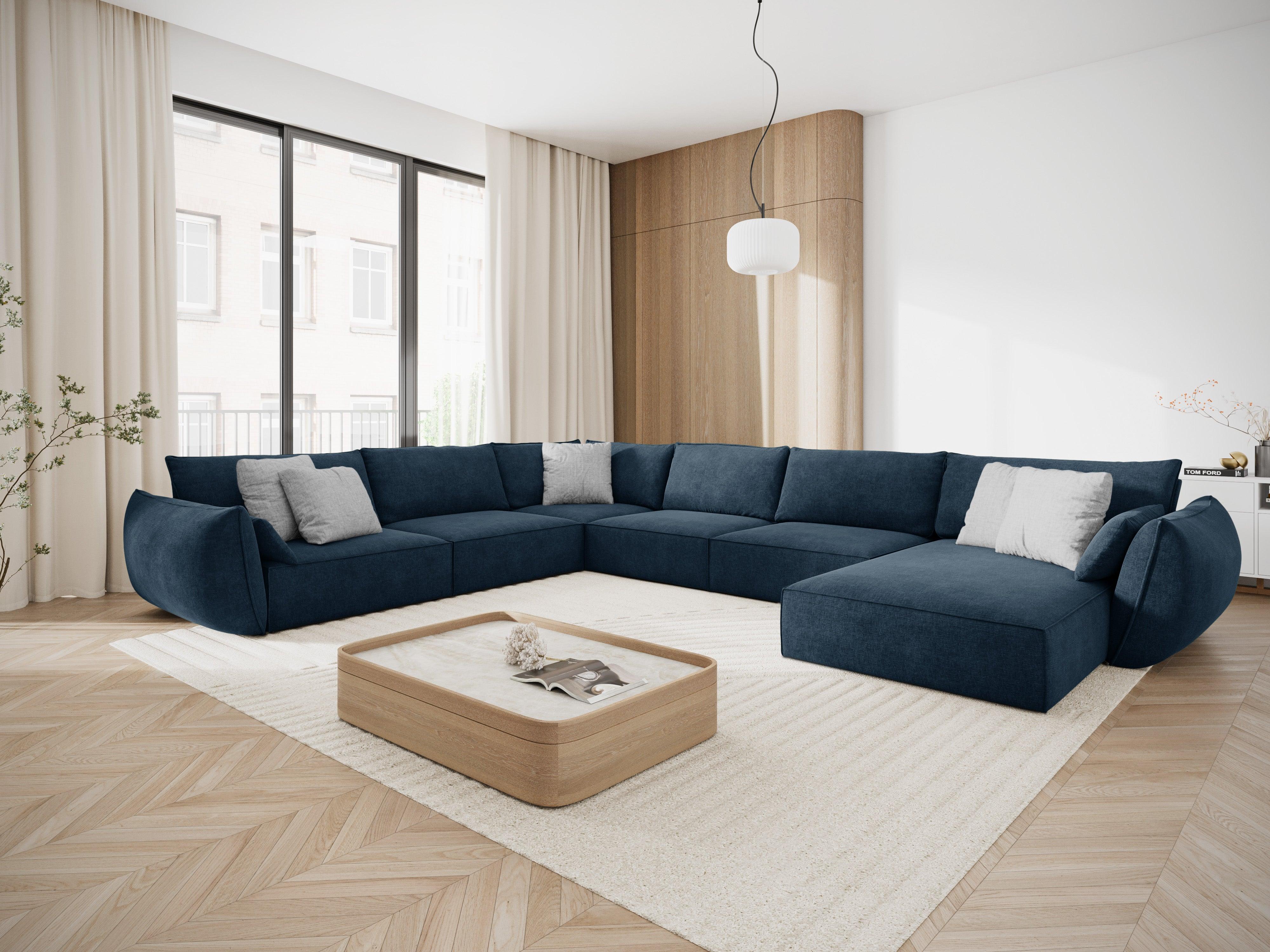 Narożnik panoramiczny w tkaninie szenilowej lewostronny VANDA granat królewski Mazzini Sofas Eye on Design
