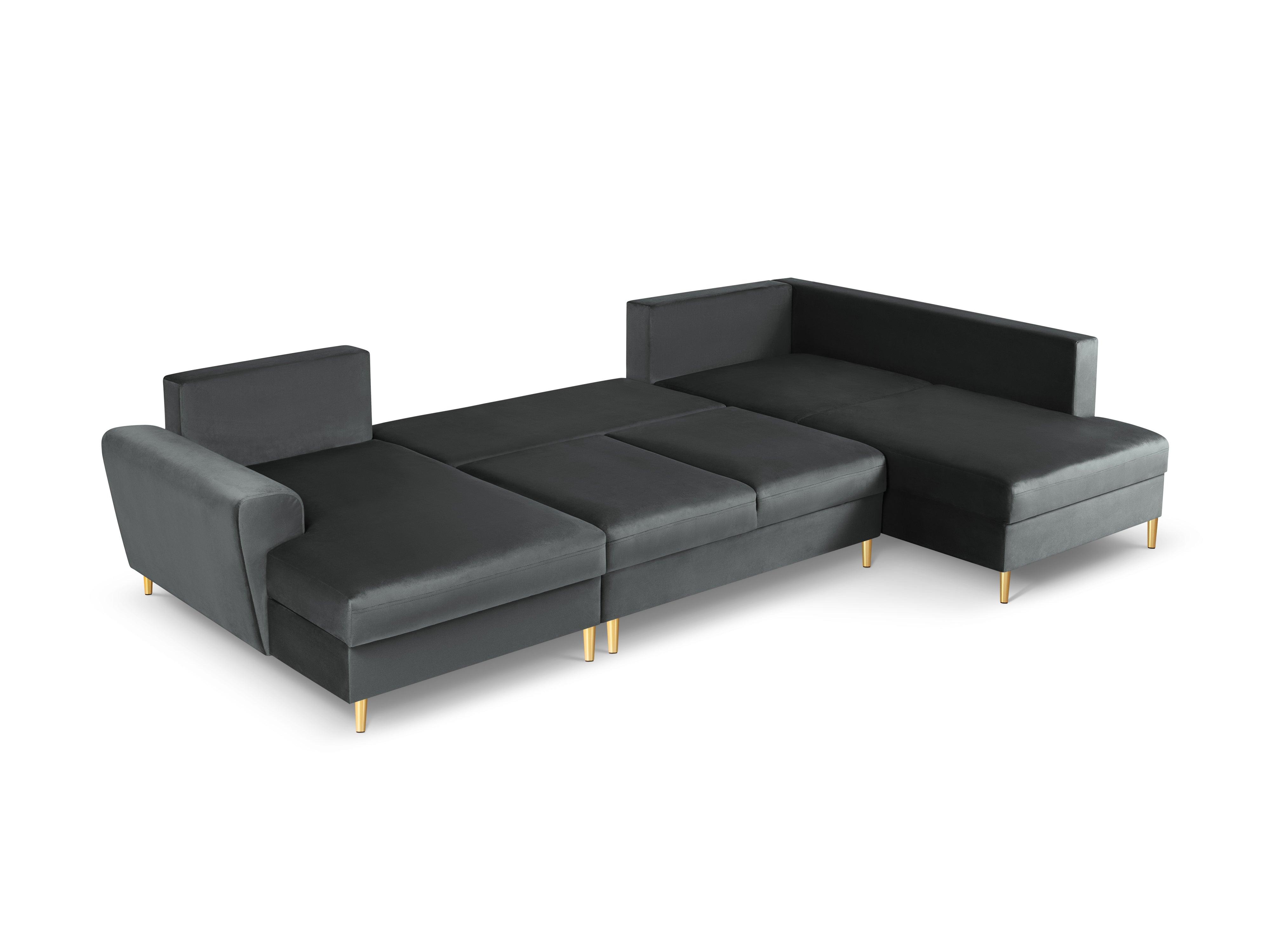 Narożnik prawostronny aksamitny panoramiczny z funkcją spania KYOTO ciemnoszary ze złotą podstawą Cosmopolitan Design Eye on Design
