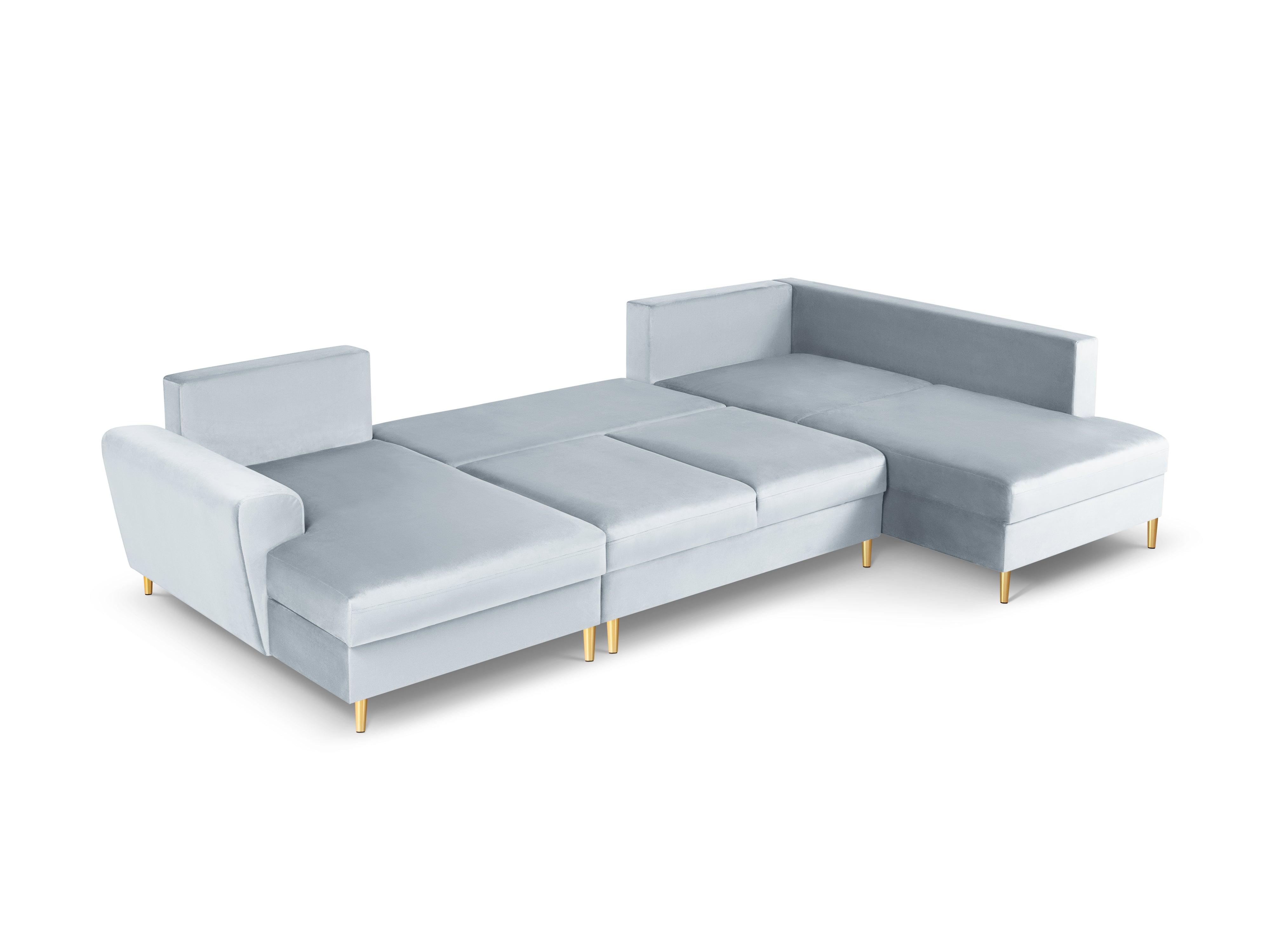 Narożnik prawostronny aksamitny panoramiczny z funkcją spania KYOTO jasnoniebieski ze złotą podstawą Cosmopolitan Design Eye on Design