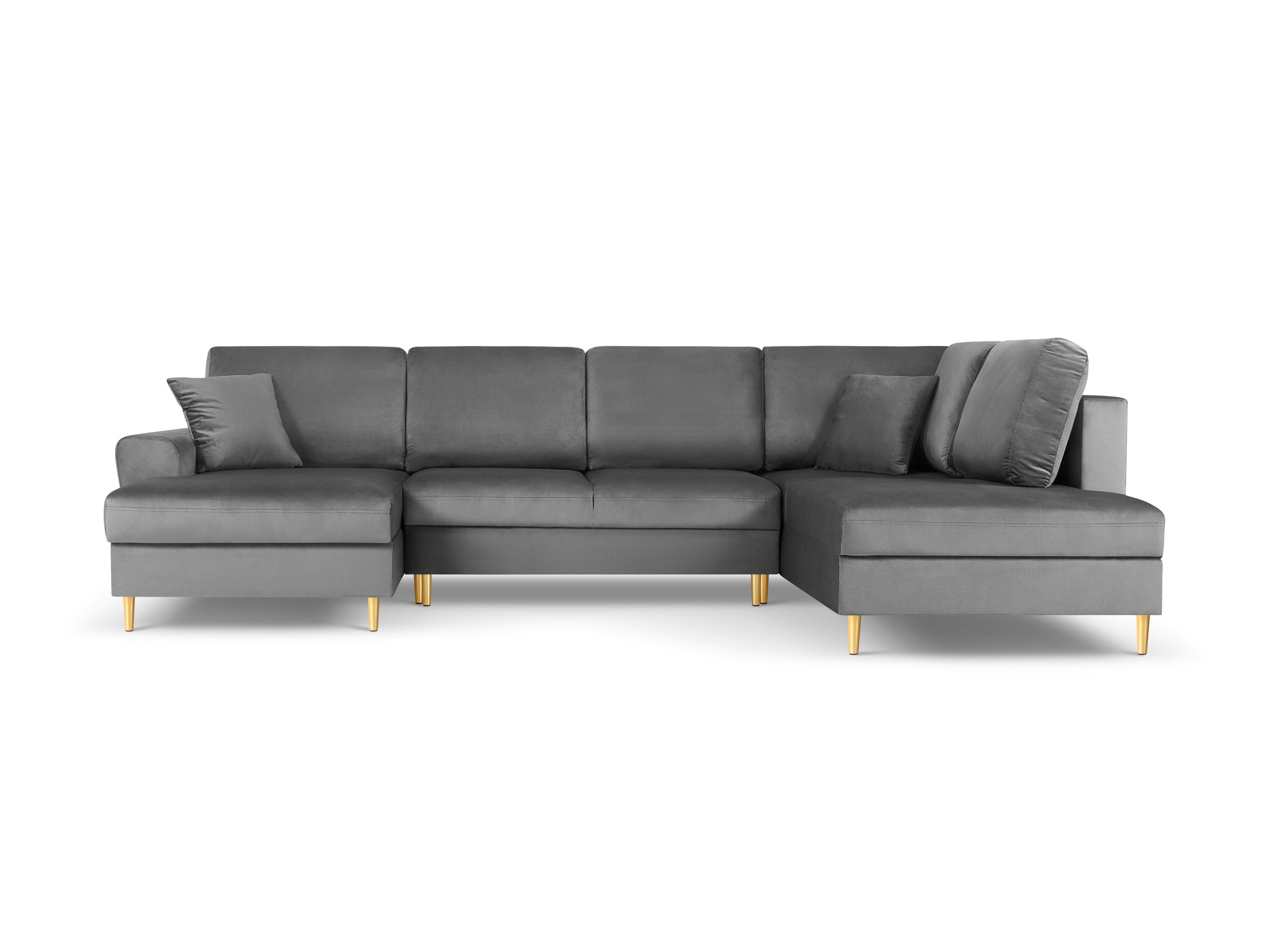 Narożnik prawostronny aksamitny panoramiczny z funkcją spania KYOTO jasnoszary ze złotą podstawą Cosmopolitan Design Eye on Design