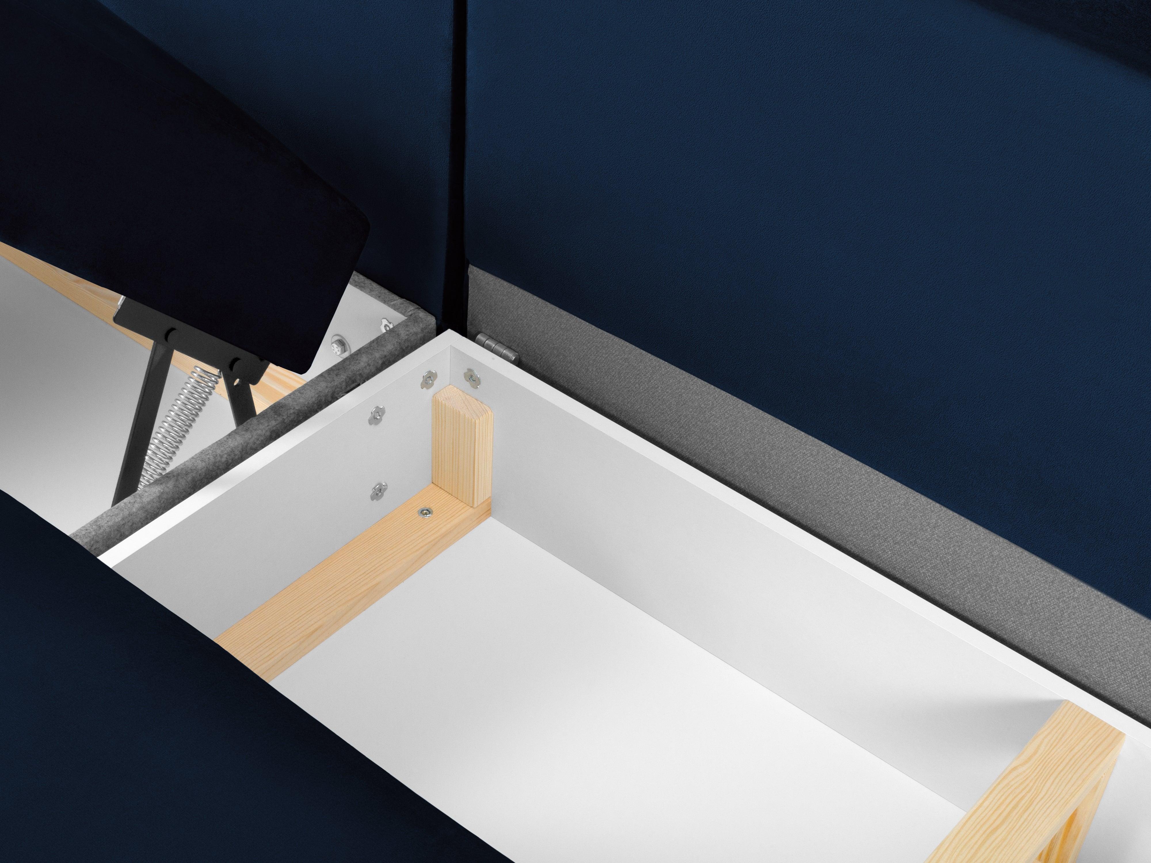 Narożnik prawostronny aksamitny panoramiczny z funkcją spania KYOTO niebieski ze złotą podstawą Cosmopolitan Design Eye on Design