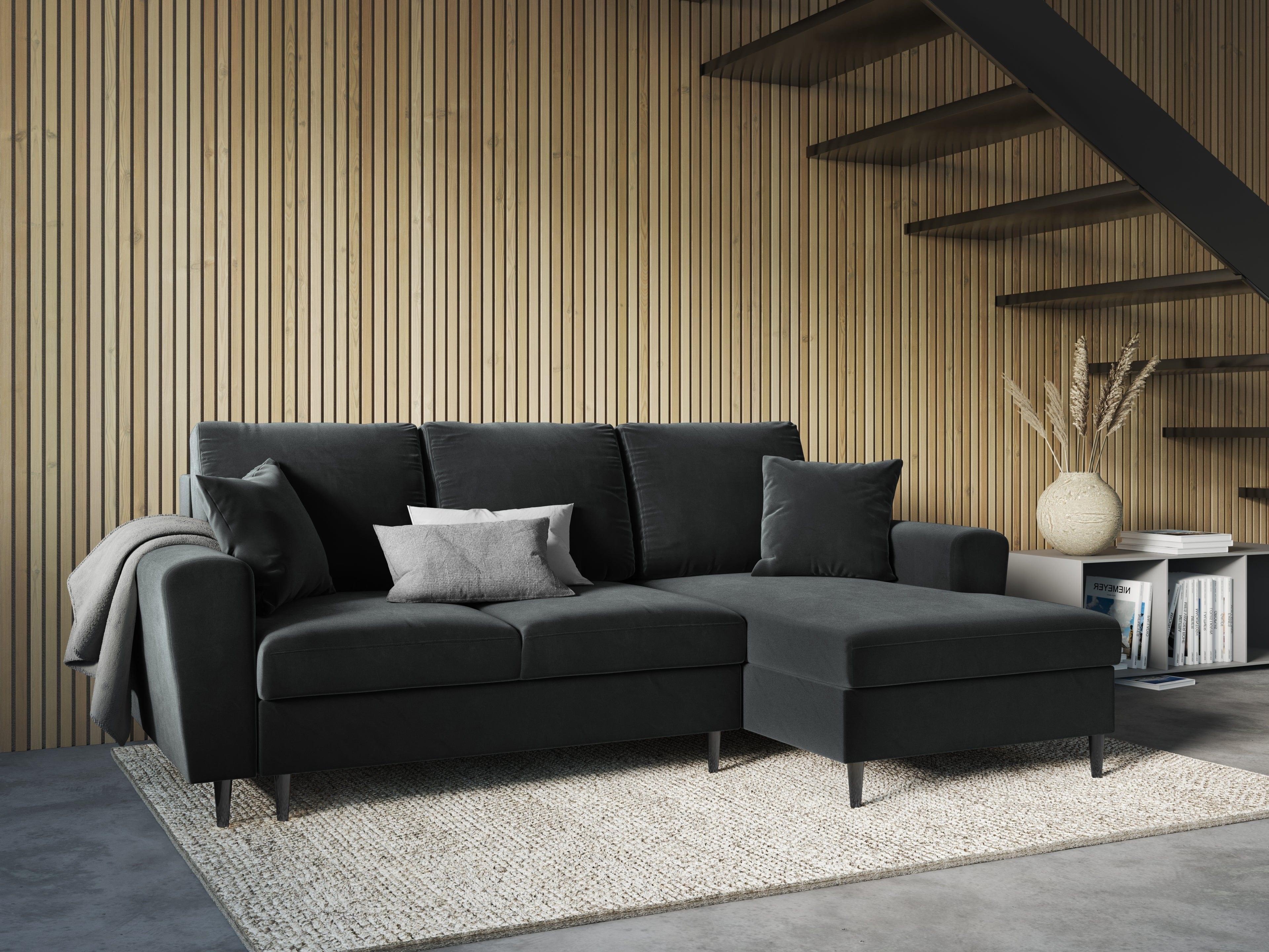 Narożnik prawostronny aksamitny z funkcją spania KYOTO ciemnoszary z czarną podstawą Cosmopolitan Design Eye on Design