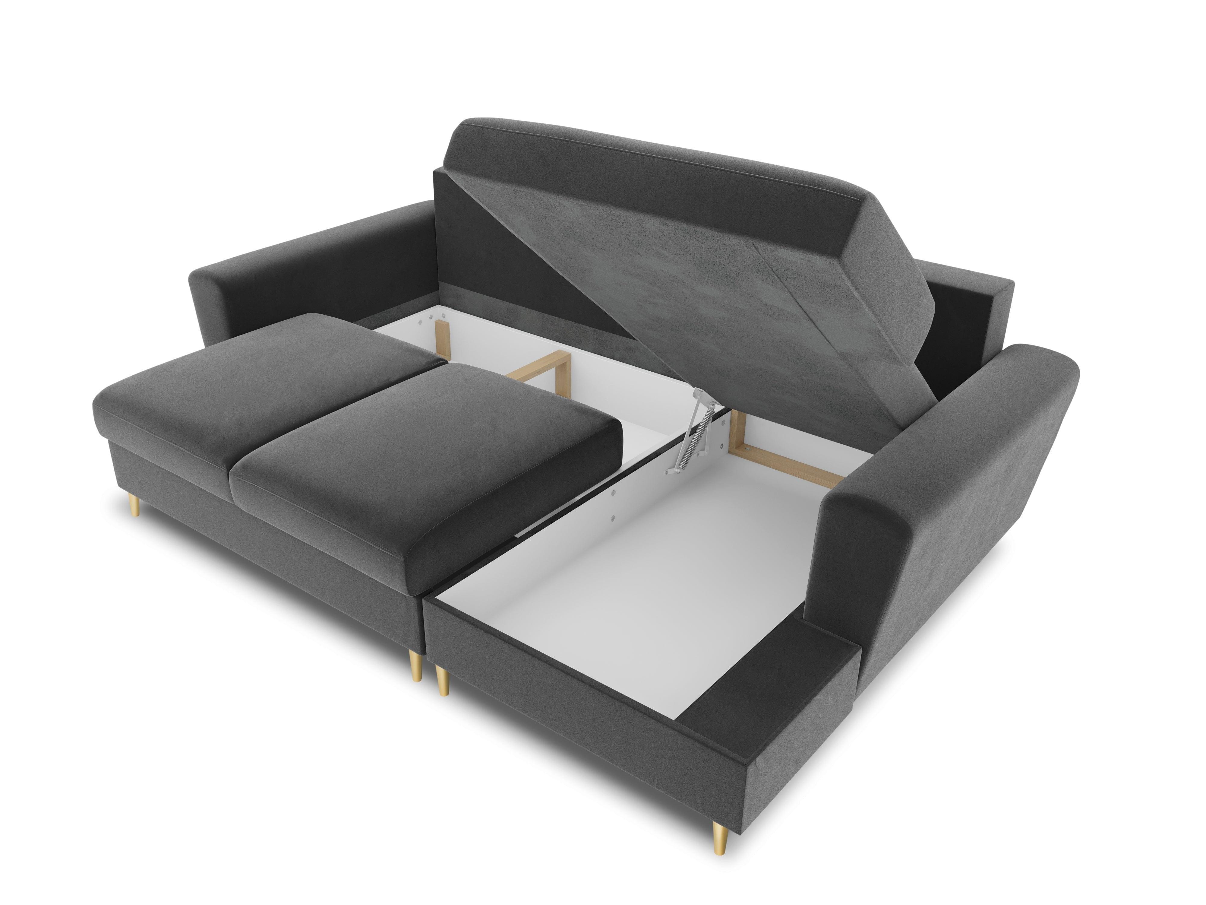 Narożnik prawostronny aksamitny z funkcją spania KYOTO jasnoszary ze złotą podstawą Cosmopolitan Design Eye on Design