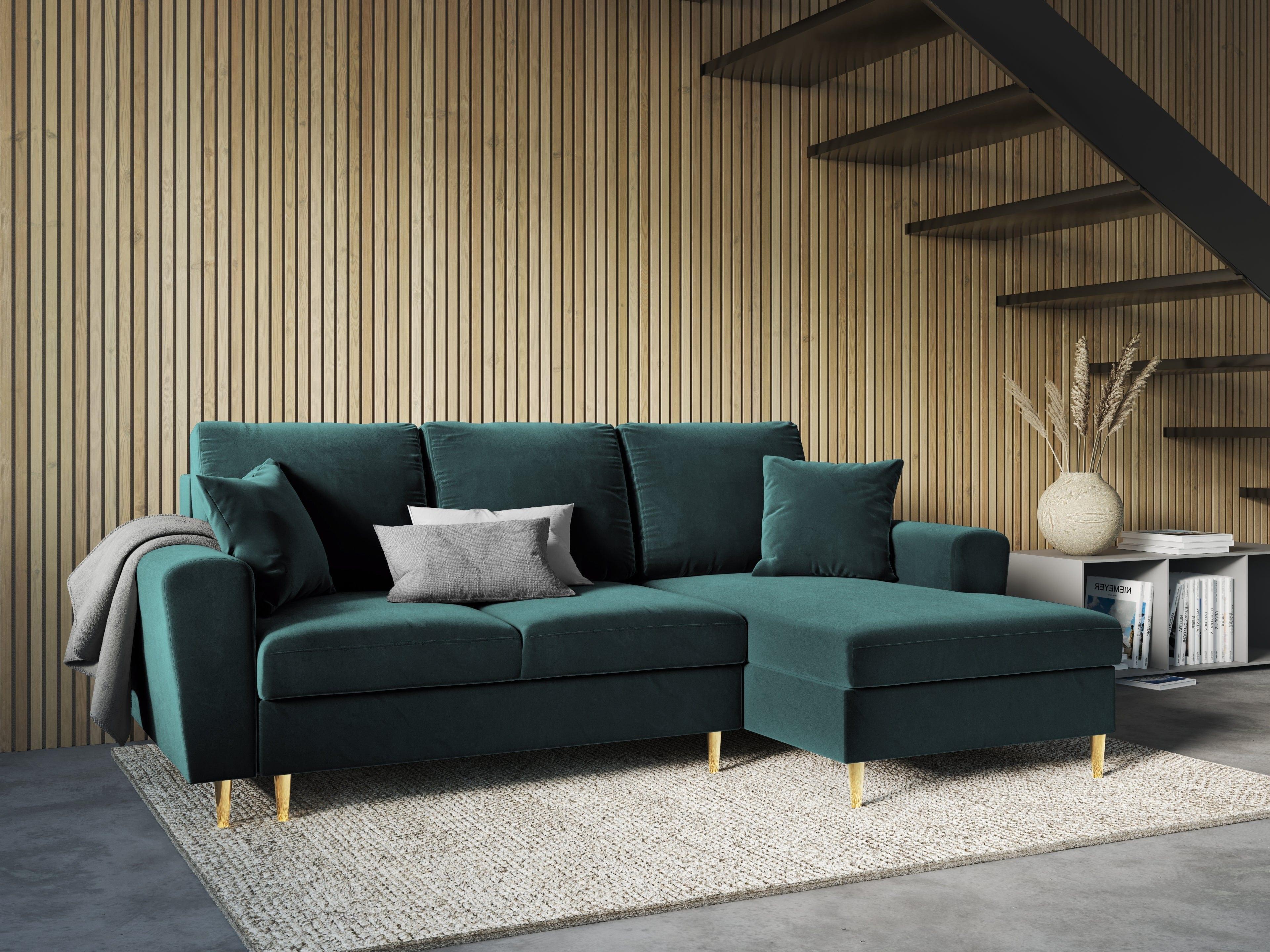 Narożnik prawostronny aksamitny z funkcją spania KYOTO petrol ze złotą podstawą Cosmopolitan Design Eye on Design