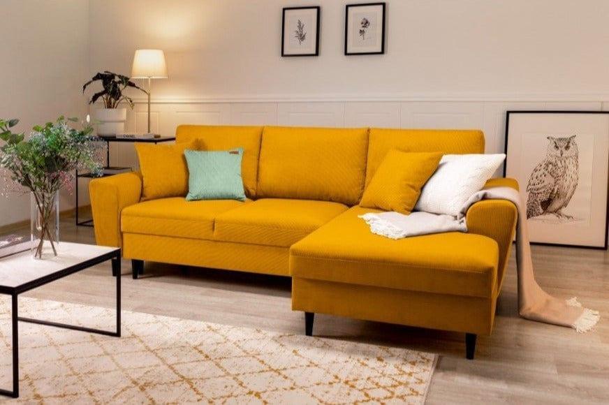 Narożnik prawostronny sztruksowy z funkcją spania KYOTO żółty Cosmopolitan Design Eye on Design
