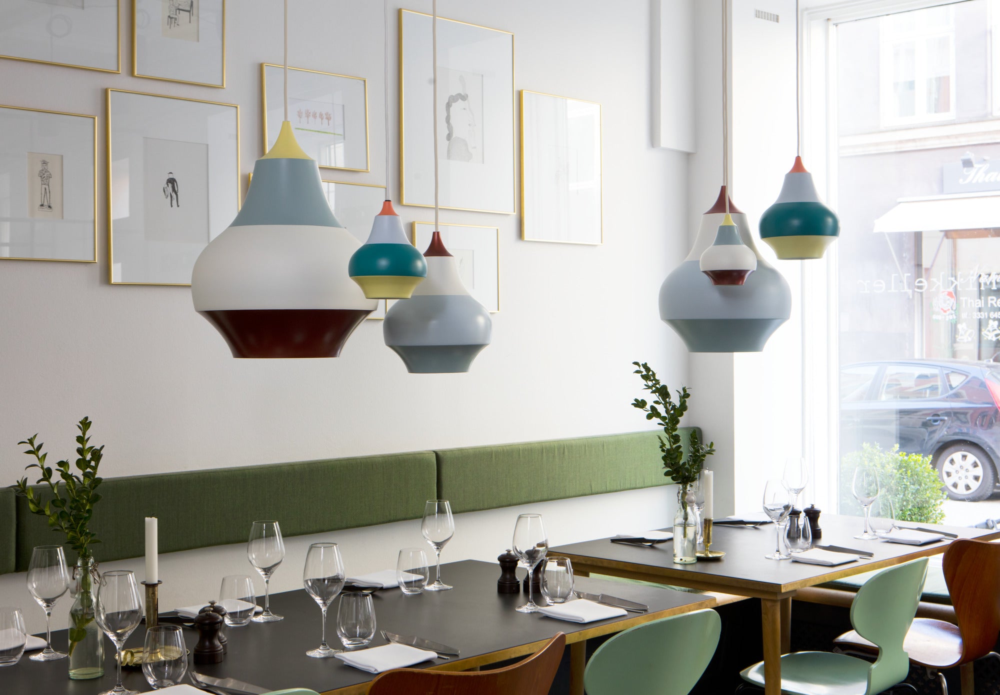 Pendant lamp CIRQUE copper-white-blue with yellow tip