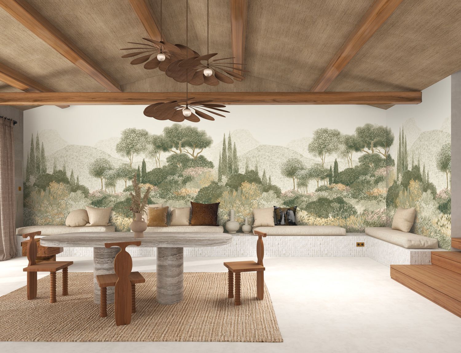 Nástenná maľba s krajinou stromov a hôr MAQUIS CORSE béžová