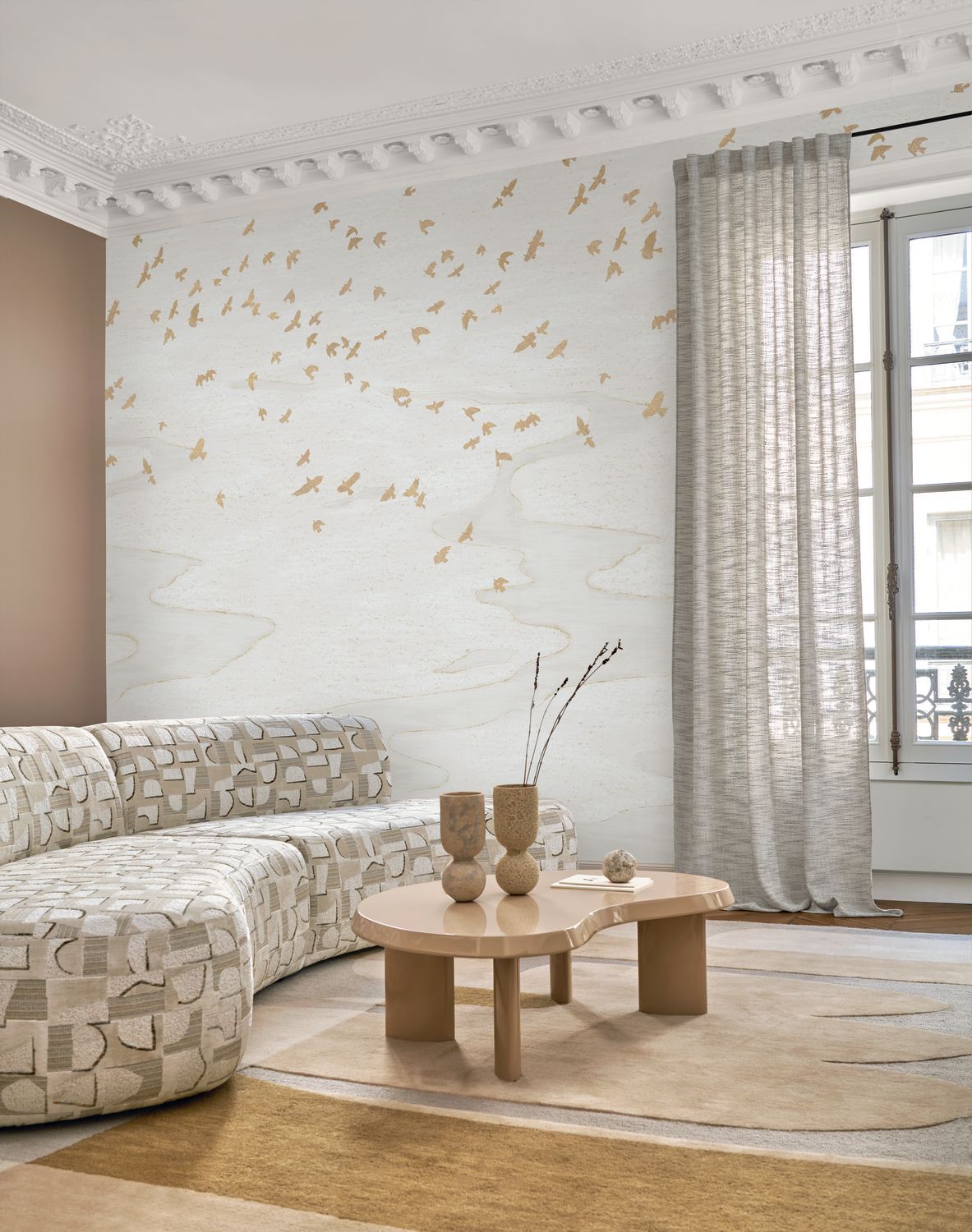 Animal-themed mural of birds MIGRATION white with gold