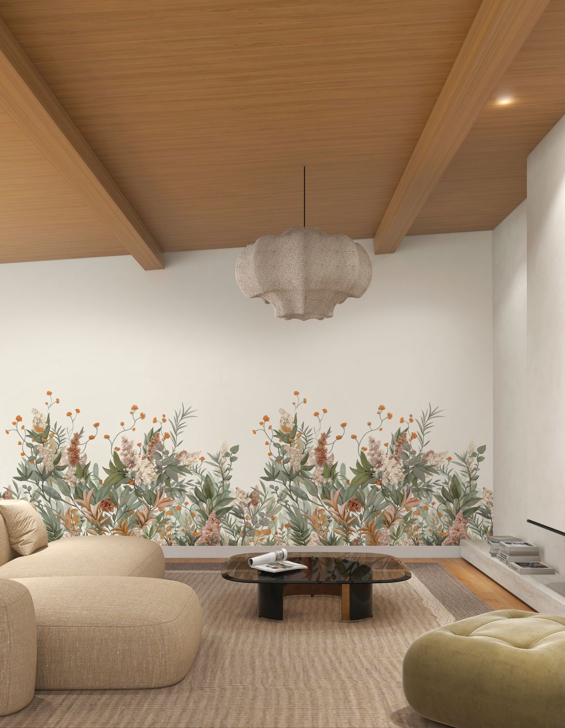 Nástenná maľba s rastlinným motívom listov WISTERIA v zelenej a pudrovej ružovej