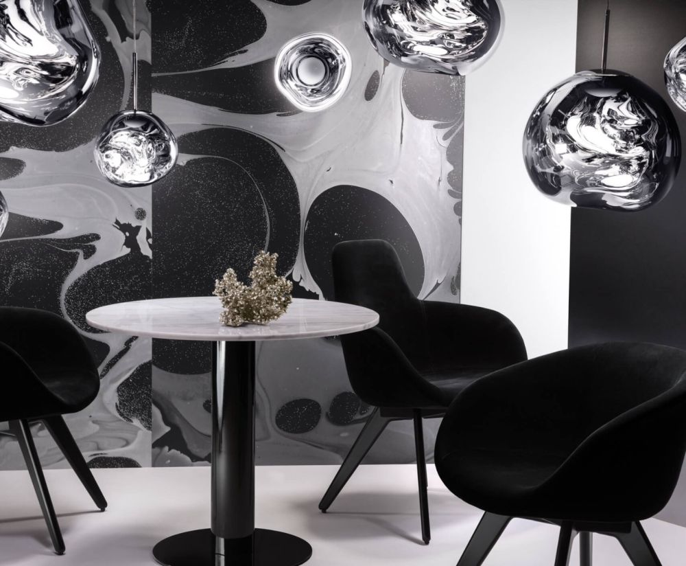 Kruhový stôl TUBE biely mramor s čiernym podstavcom