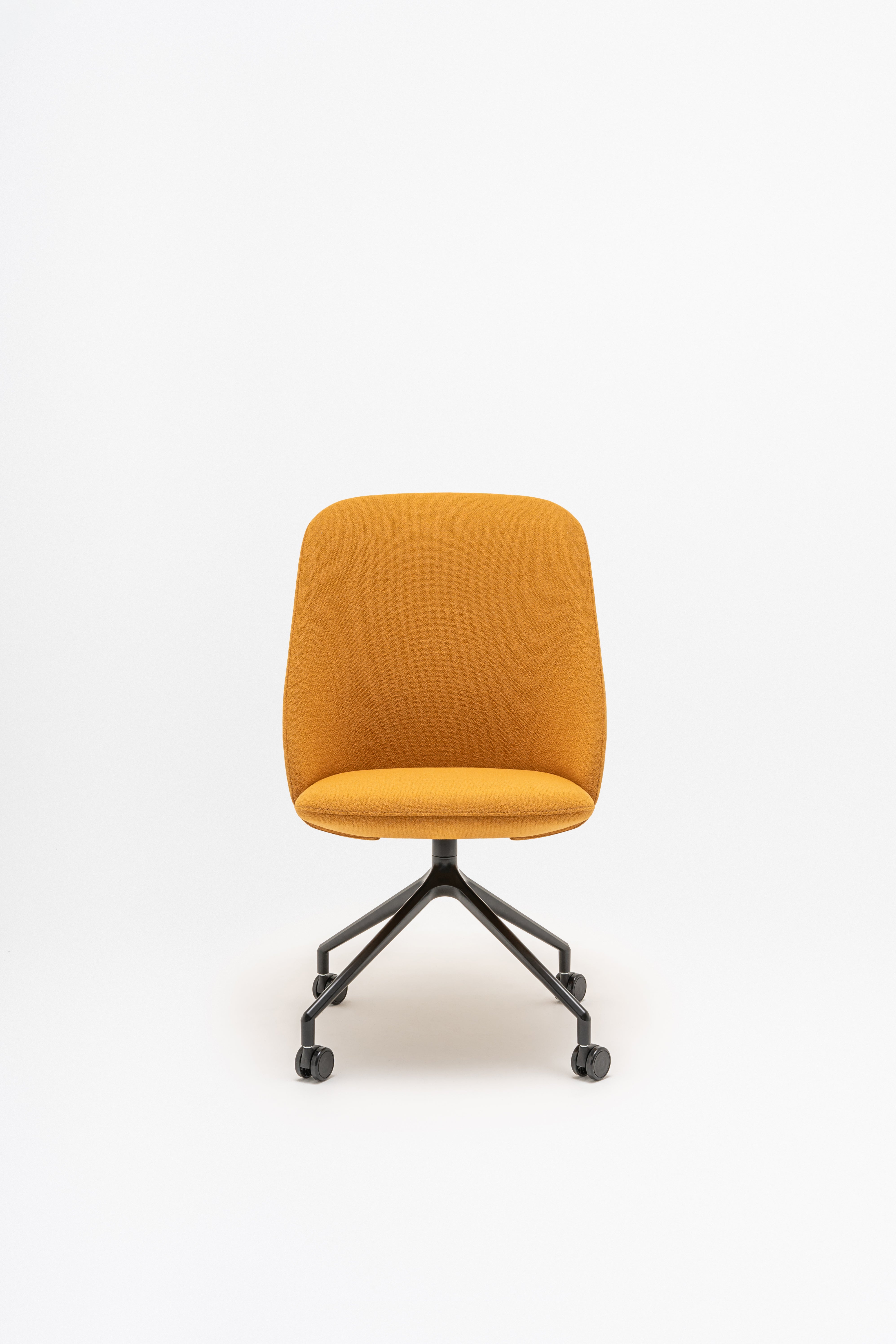 Rotable armchair with a high back, a metal parallel base with wheels to a soft surface