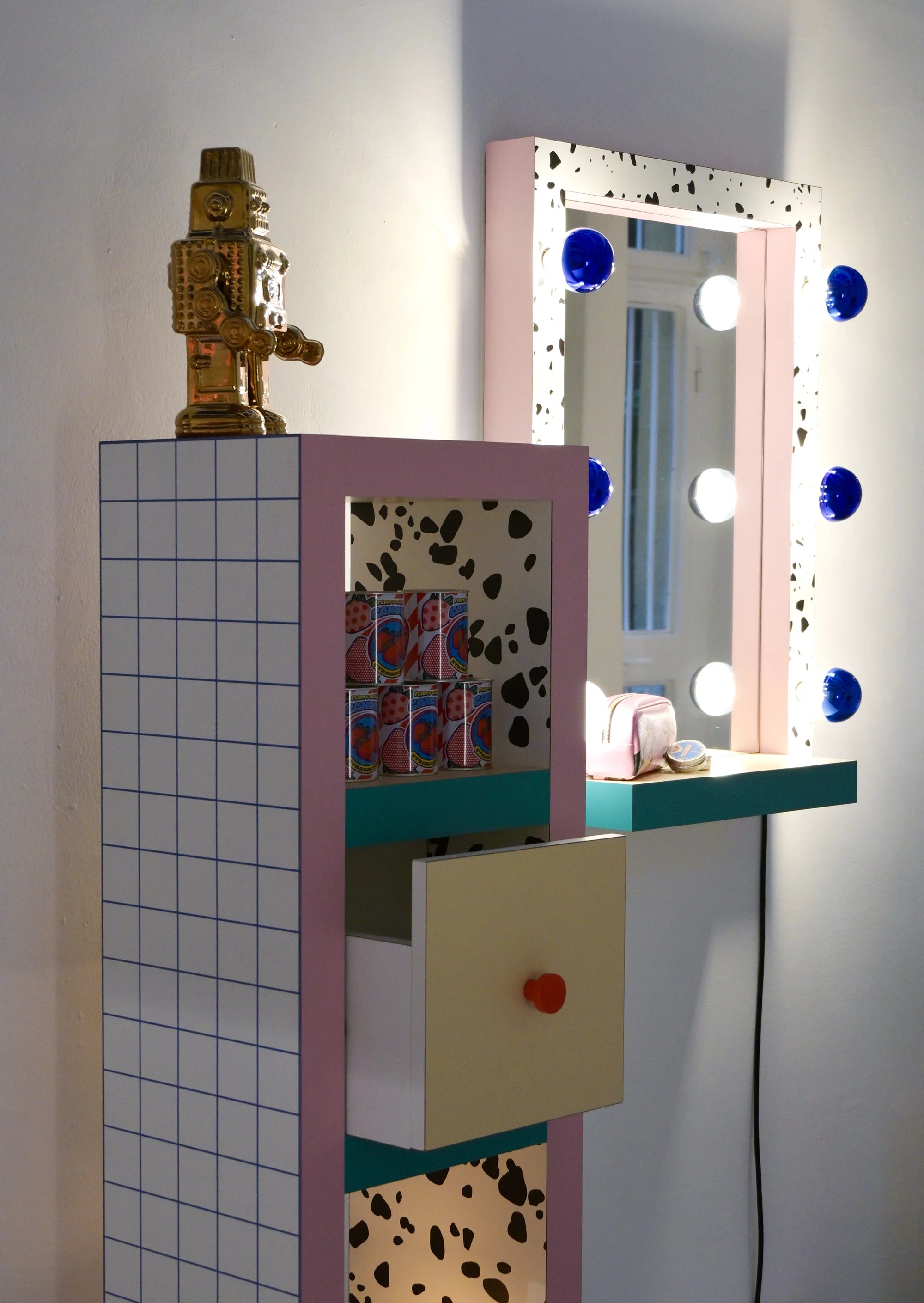 SUPERSHELF BLUE GRID bathroom cabinet white with pink and yellow