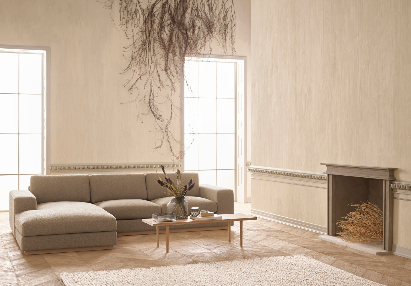 A corner with a left -hand sepia chaise with an oak base