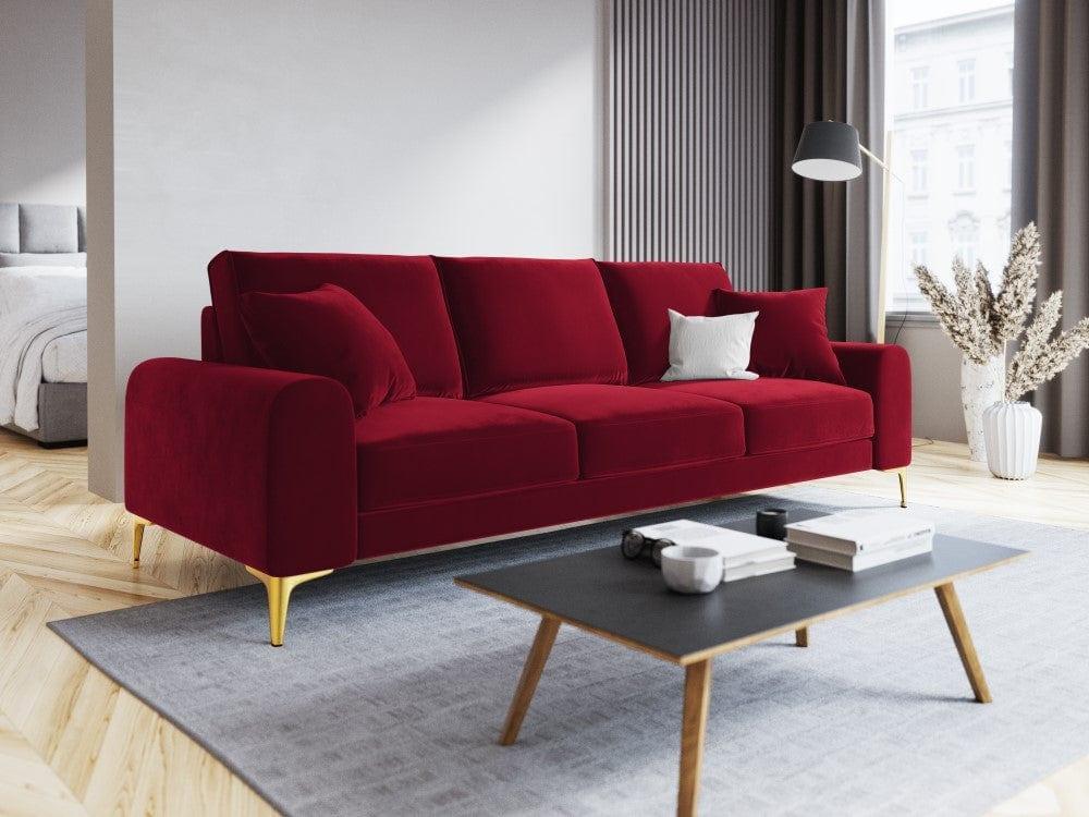 Sofa aksamitna 3-osobowa MADARA czerwony ze złotą podstawą Mazzini Sofas Eye on Design