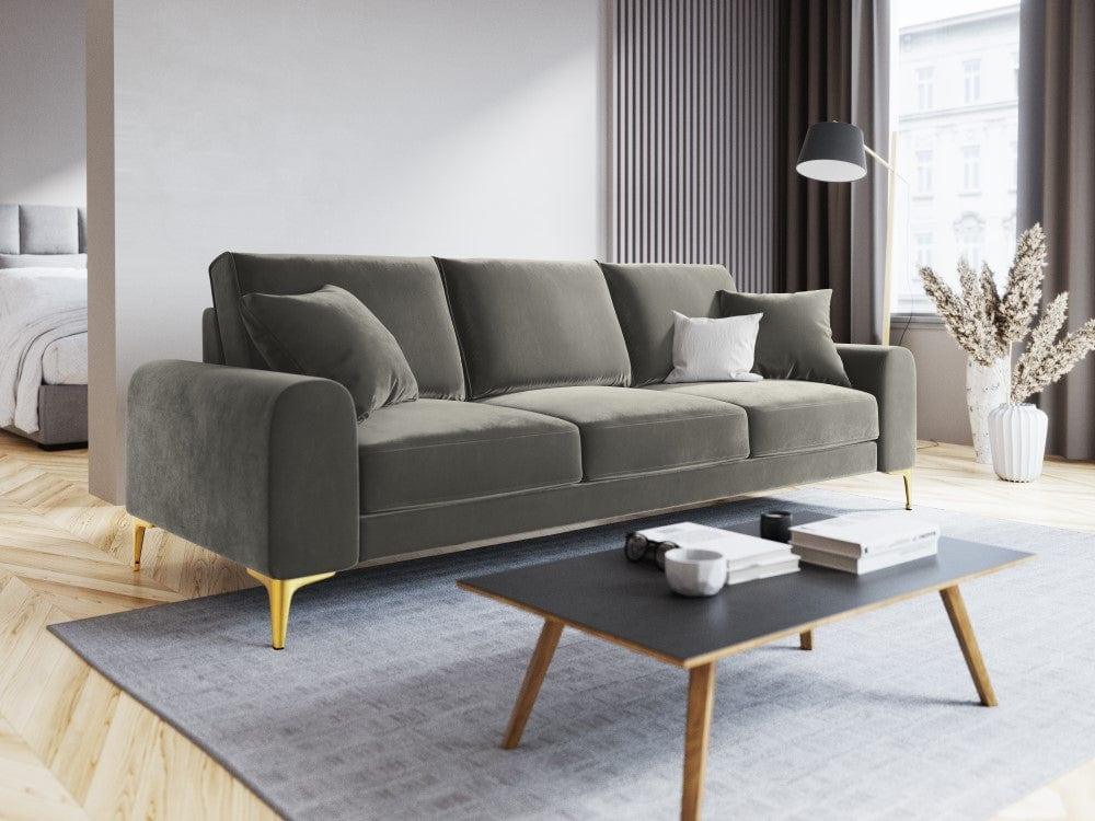 Sofa aksamitna 3-osobowa MADARA szary ze złotą podstawą Mazzini Sofas Eye on Design