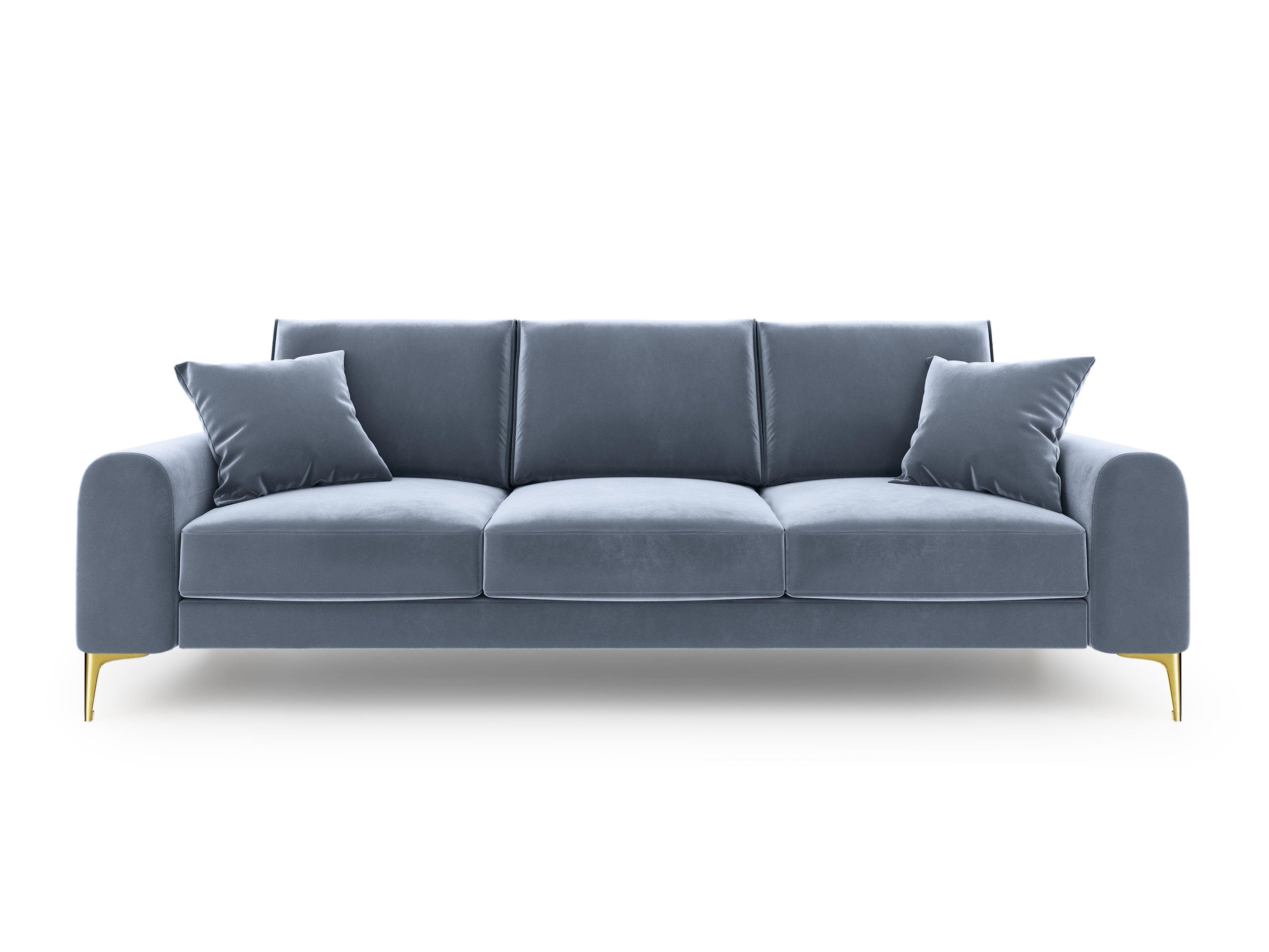 Sofa aksamitna 4-osobowa MADARA jasnoniebieski ze złotą podstawą Mazzini Sofas Eye on Design