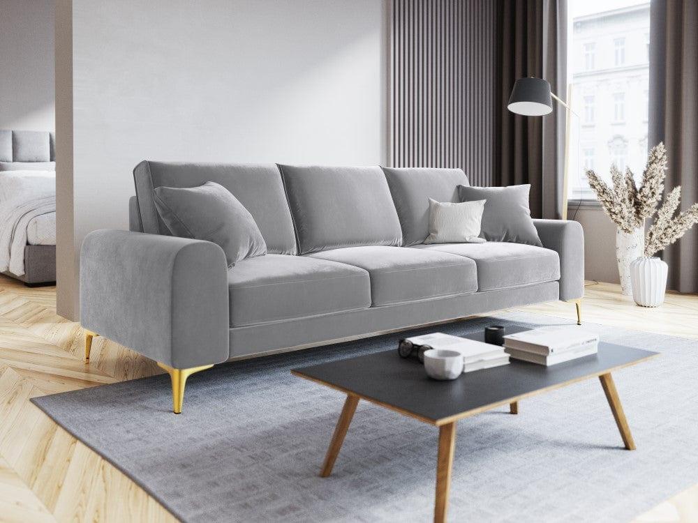 Sofa aksamitna 4-osobowa MADARA srebrny ze złotą podstawą Mazzini Sofas Eye on Design