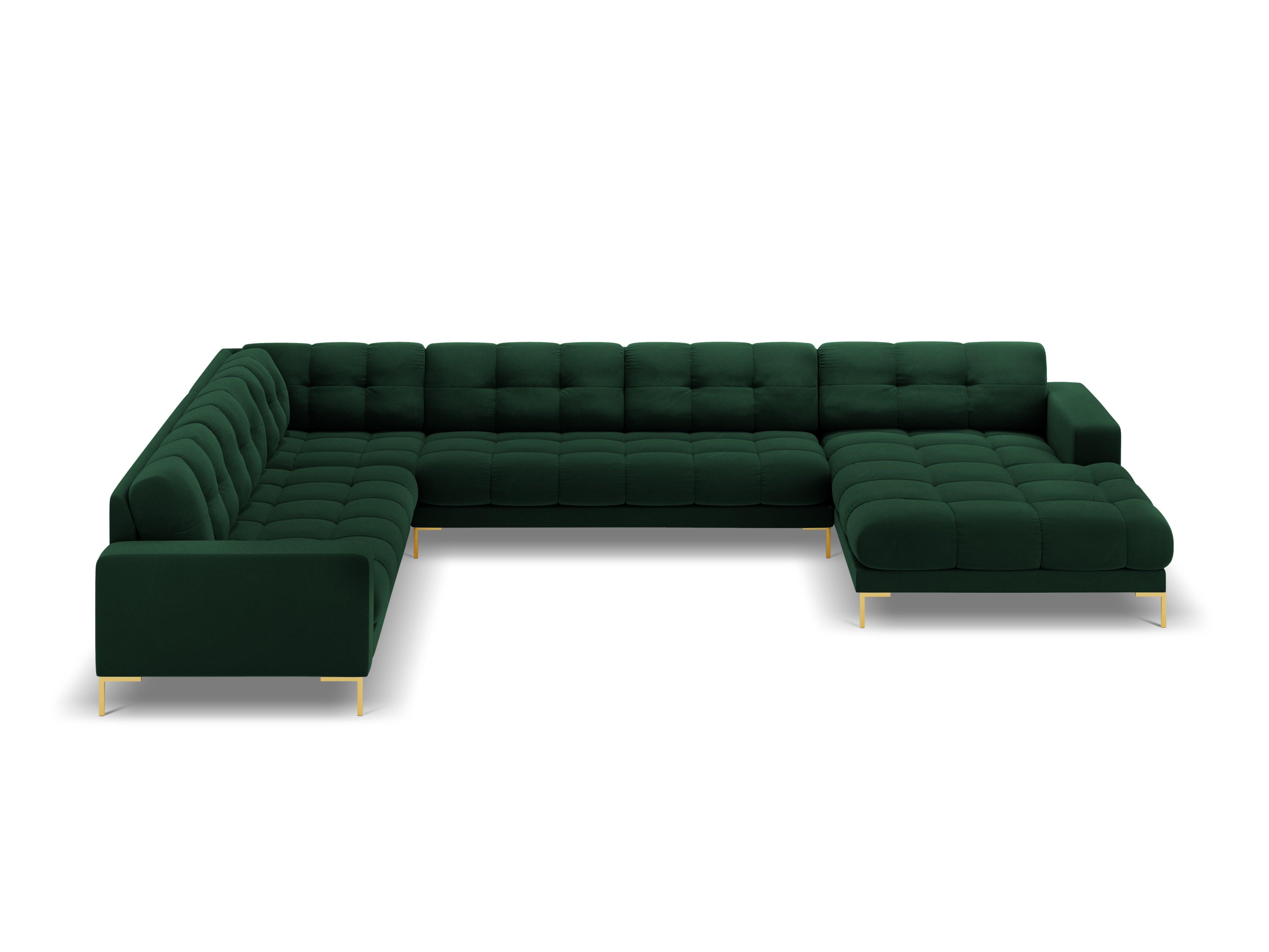Sofa aksamitna panoramiczna lewostronna 7-osobowa BALI butelkowa zieleń ze złotą podstawą Cosmopolitan Design Eye on Design