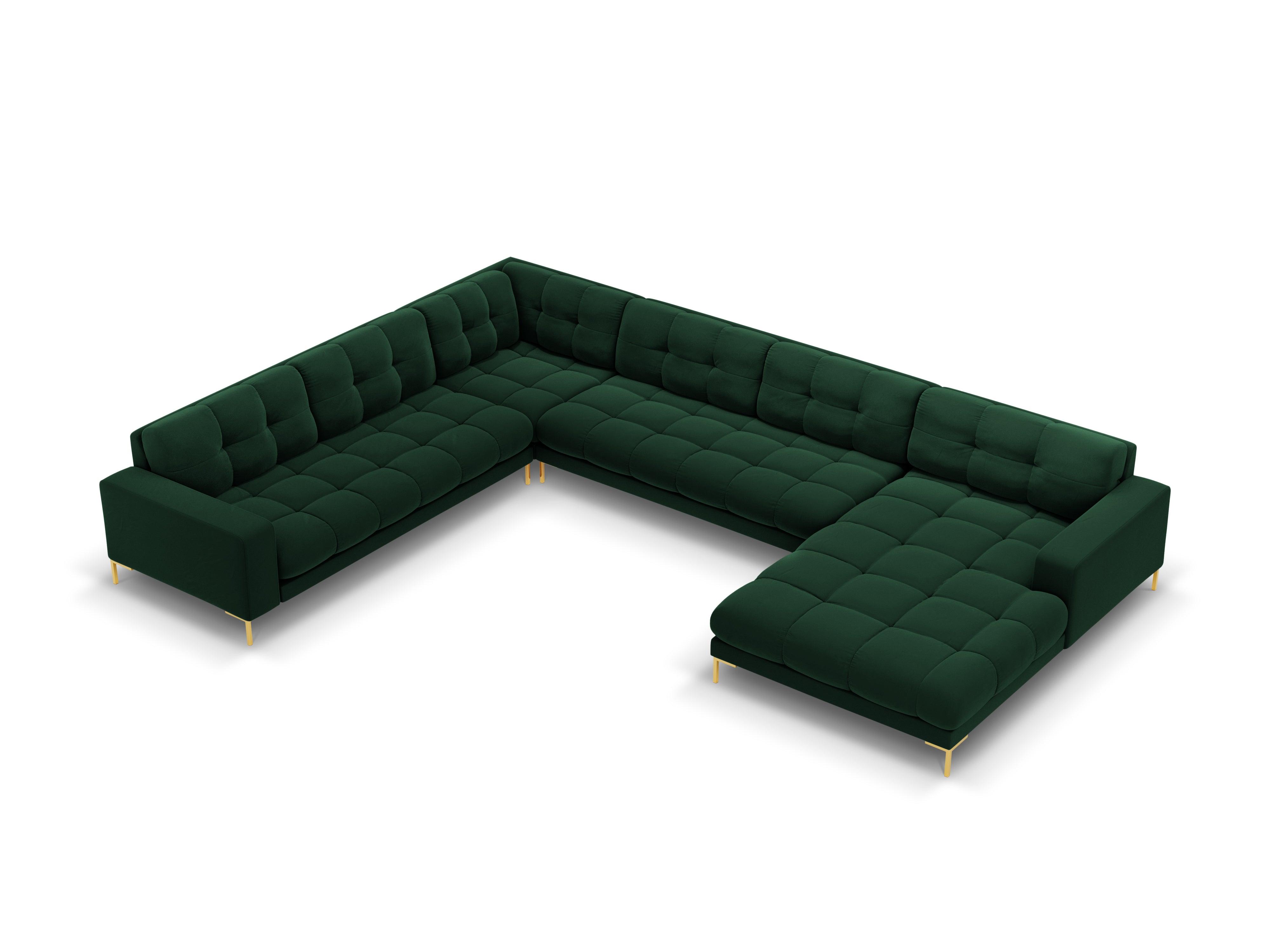 Sofa aksamitna panoramiczna lewostronna 7-osobowa BALI butelkowa zieleń ze złotą podstawą Cosmopolitan Design Eye on Design