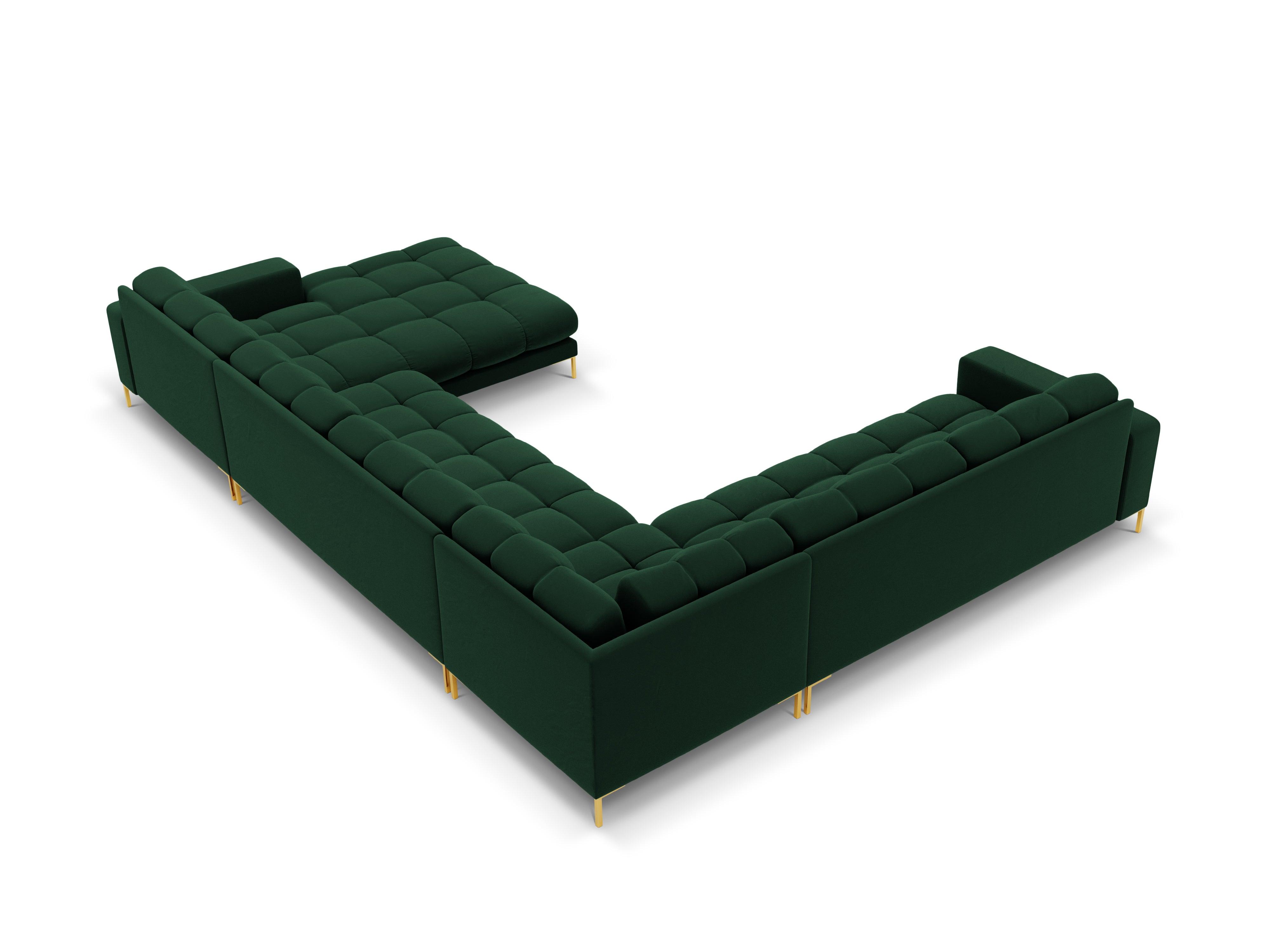 Sofa aksamitna panoramiczna lewostronna 7-osobowa BALI butelkowa zieleń ze złotą podstawą Cosmopolitan Design Eye on Design