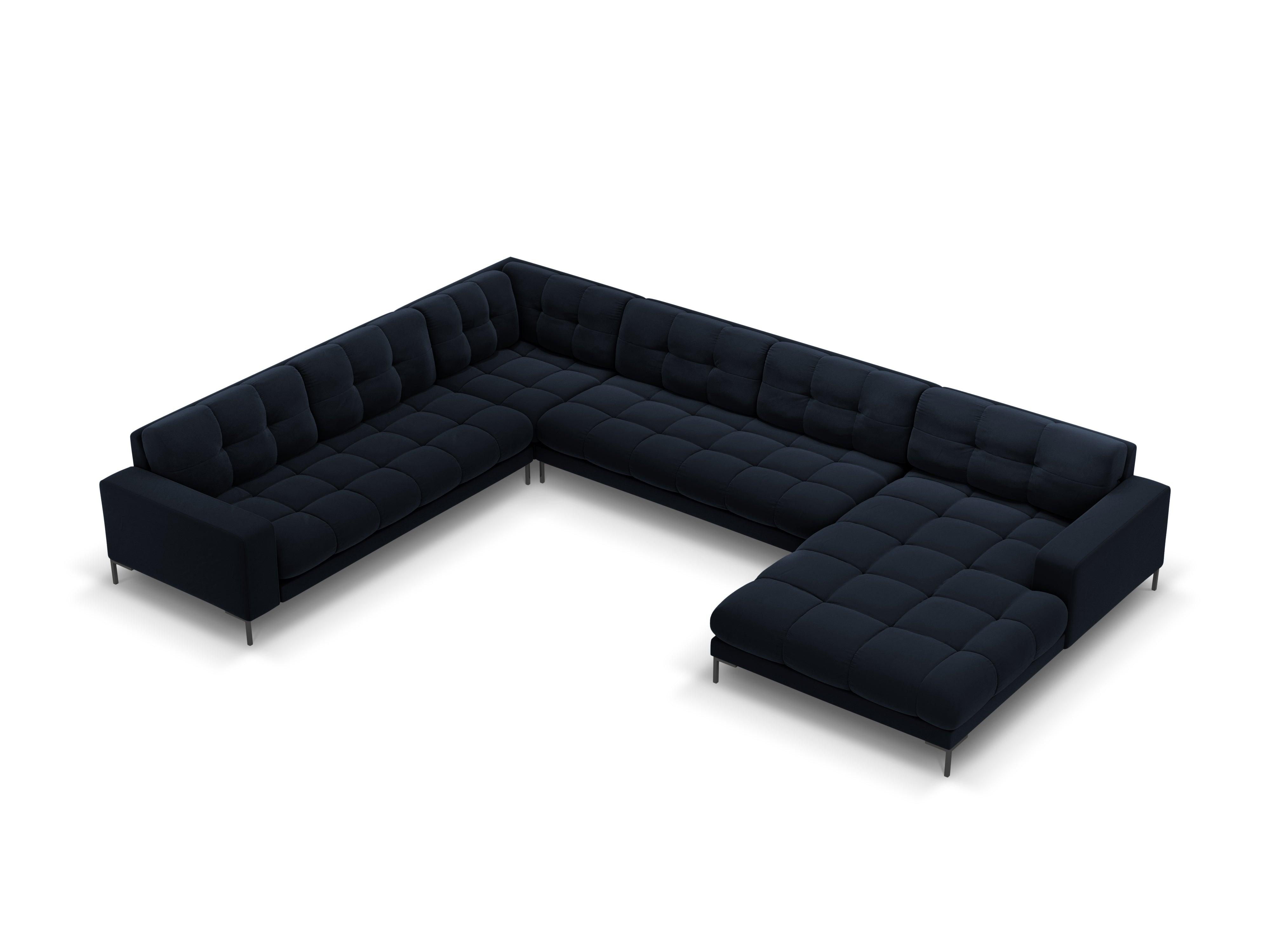 Sofa aksamitna panoramiczna lewostronna 7-osobowa BALI ciemnoniebieski z czarną podstawą Cosmopolitan Design Eye on Design