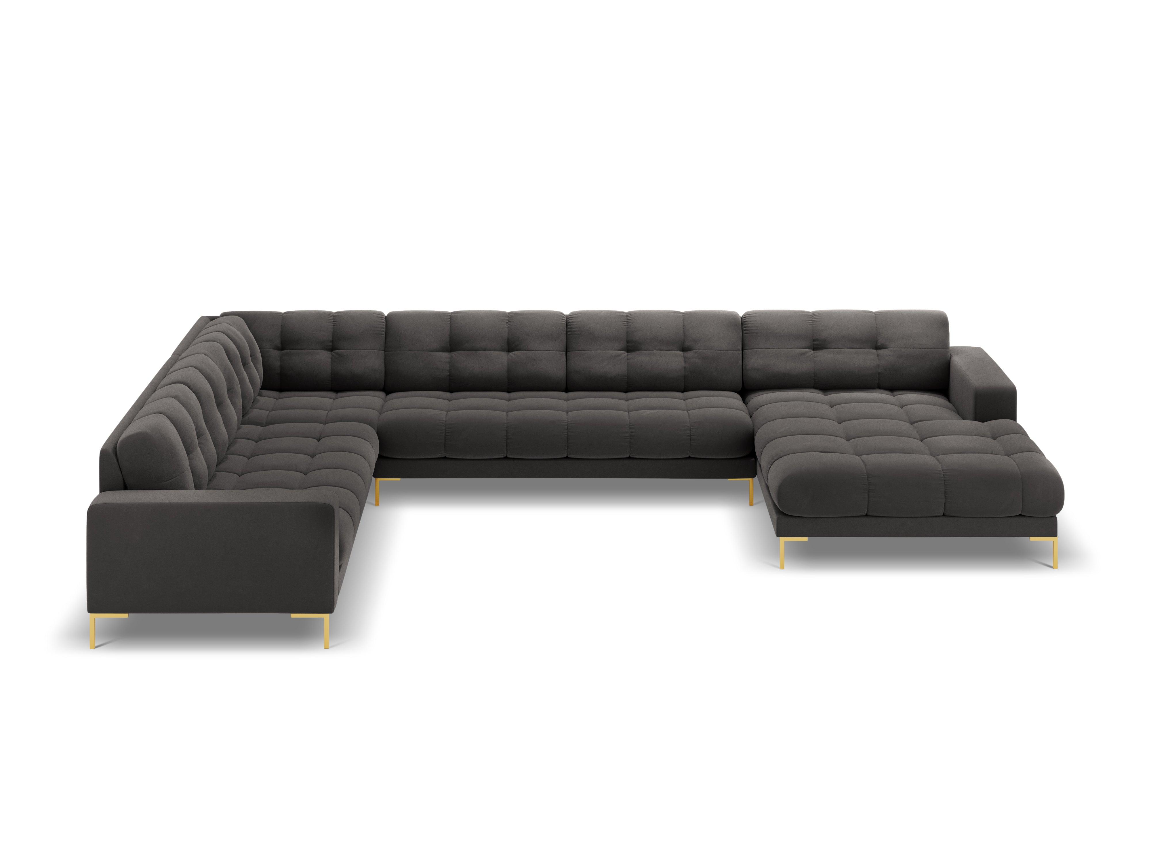 Sofa aksamitna panoramiczna lewostronna 7-osobowa BALI ciemnoszary ze złotą podstawą Cosmopolitan Design Eye on Design