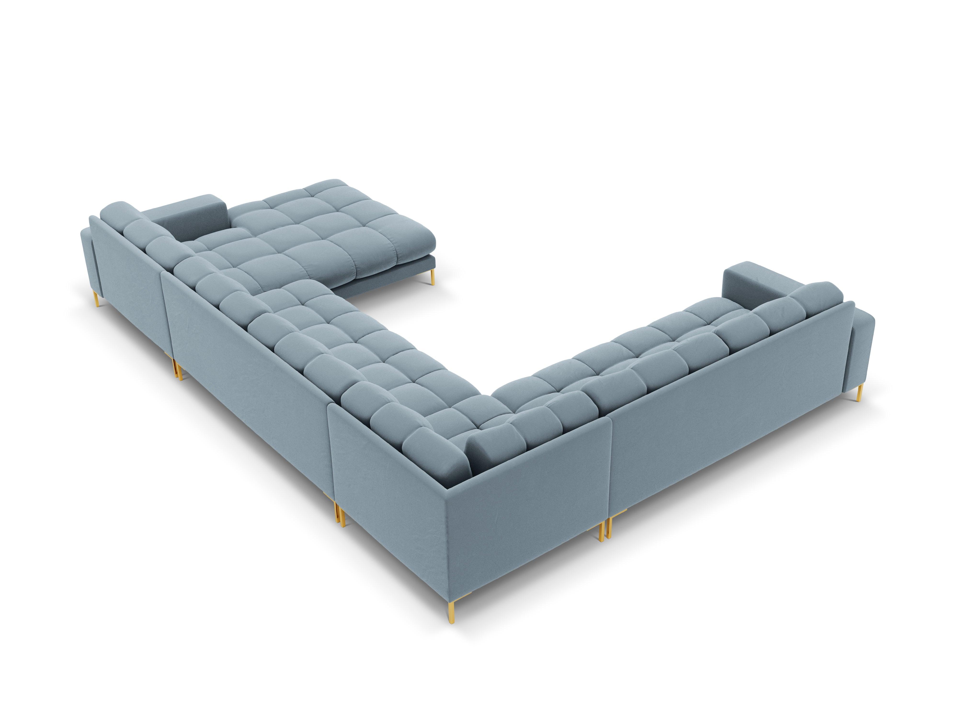 Sofa aksamitna panoramiczna lewostronna 7-osobowa BALI jasnoniebieski ze złotą podstawą Cosmopolitan Design Eye on Design