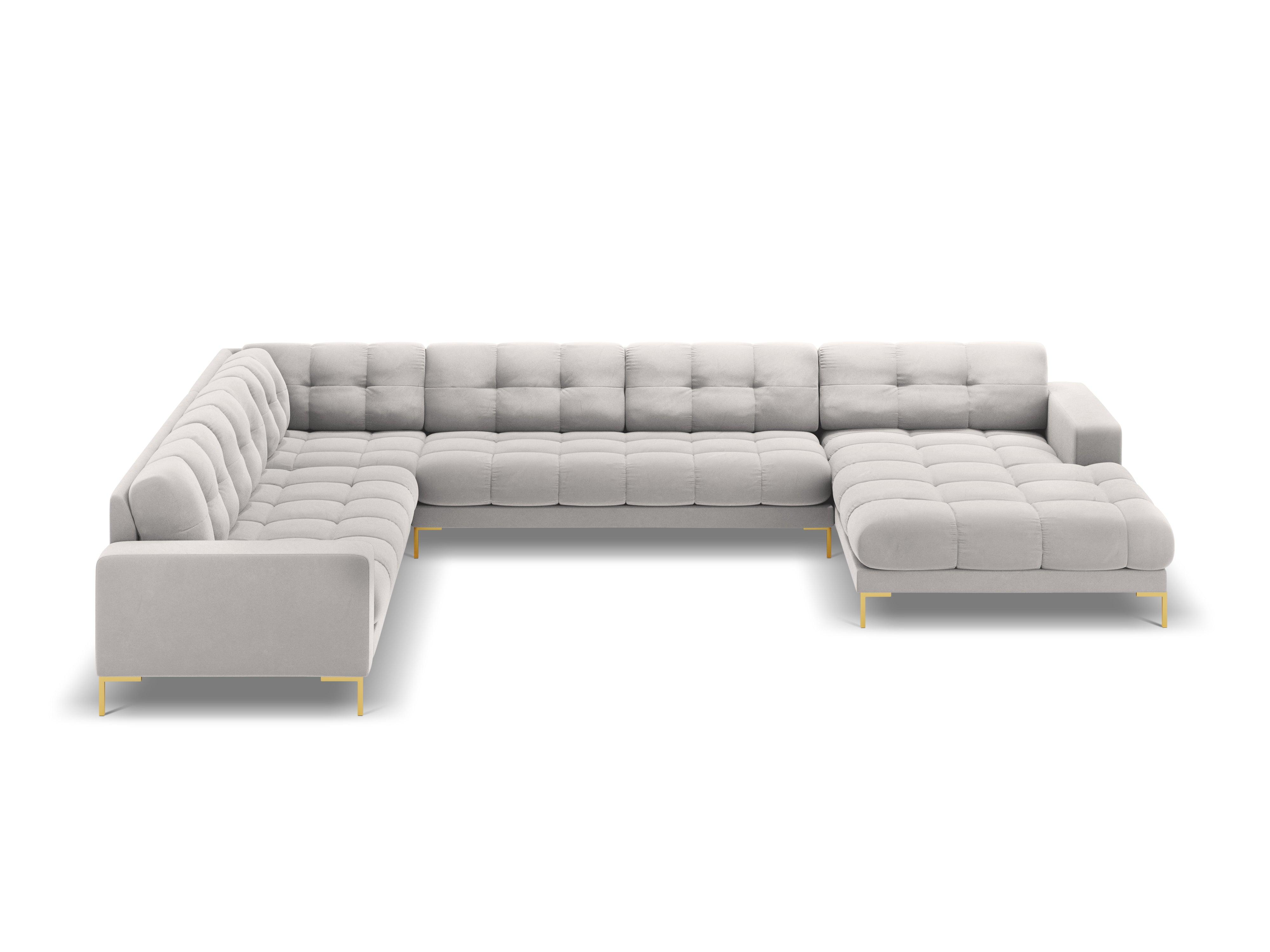 Sofa aksamitna panoramiczna lewostronna 7-osobowa BALI srebrny ze złotą podstawą Cosmopolitan Design Eye on Design
