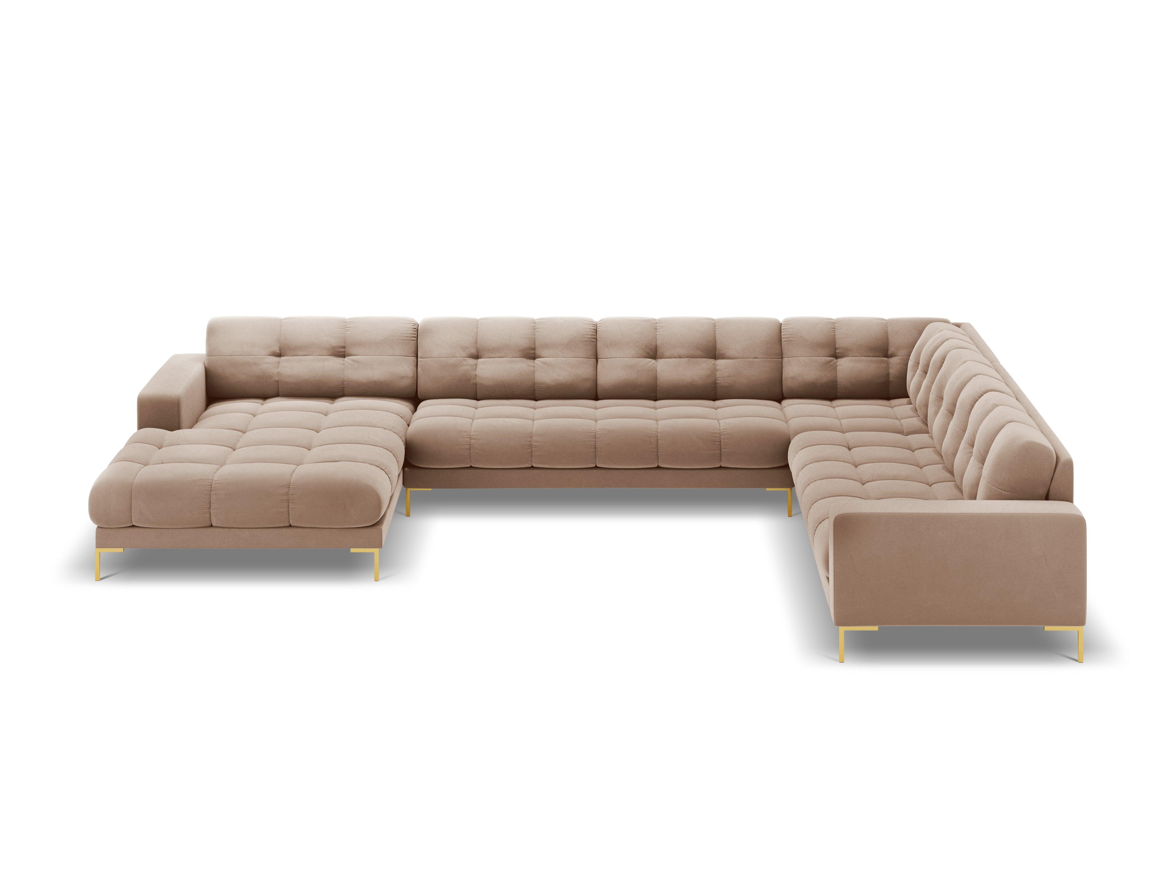Sofa aksamitna panoramiczna prawostronna 7-osobowa BALI beżowy ze złotą podstawą Cosmopolitan Design Eye on Design