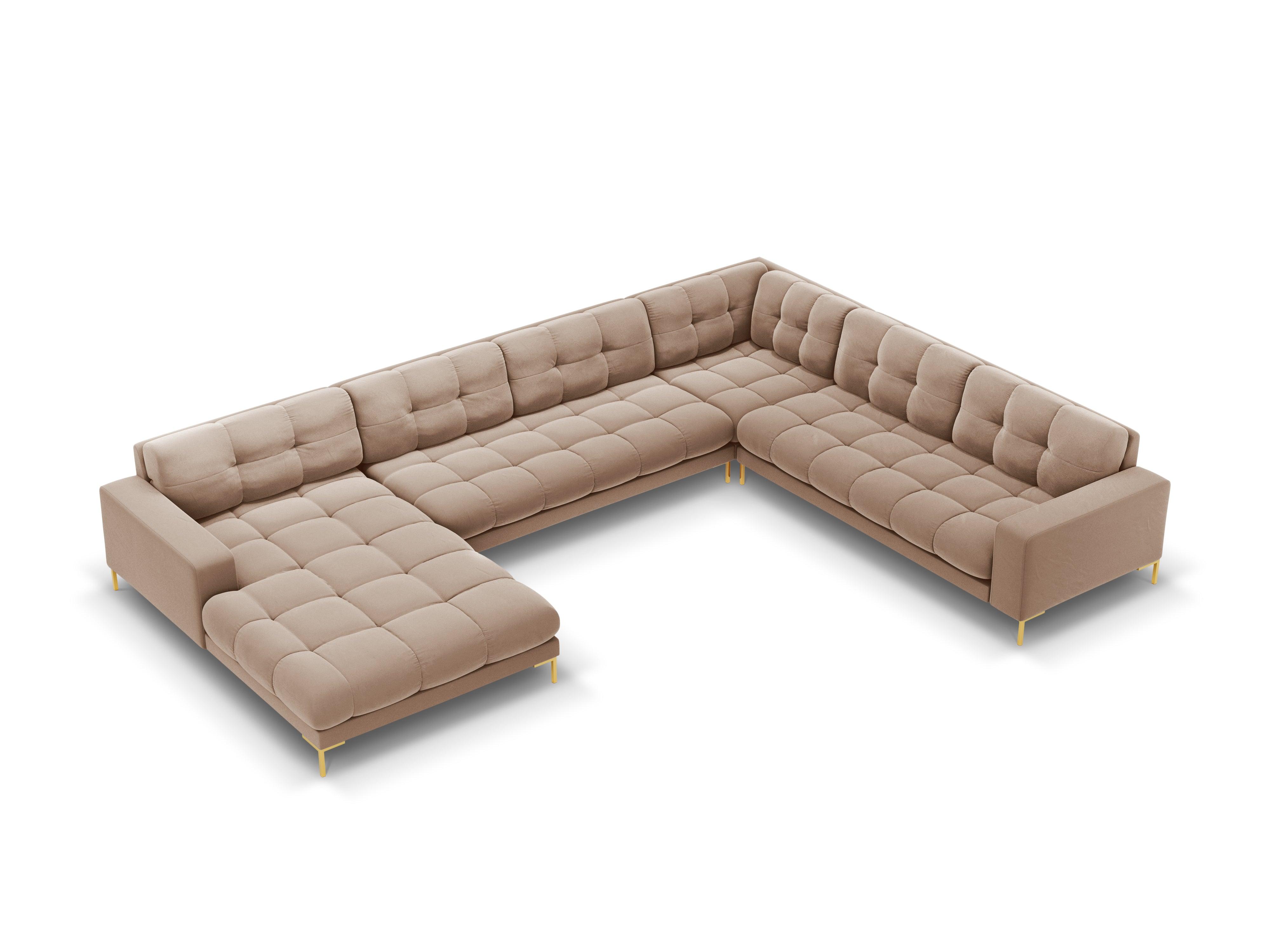 Sofa aksamitna panoramiczna prawostronna 7-osobowa BALI beżowy ze złotą podstawą Cosmopolitan Design Eye on Design