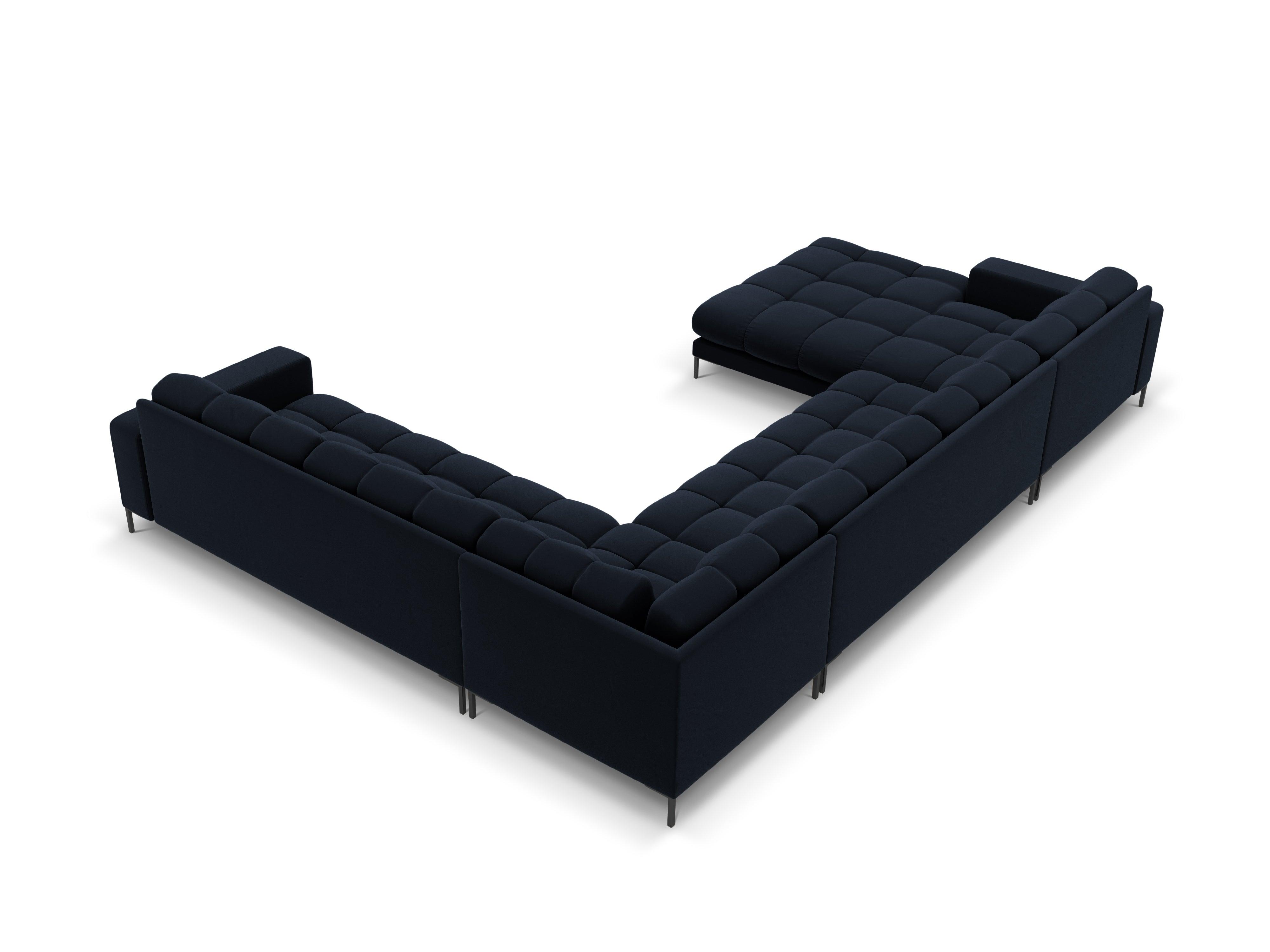 Sofa aksamitna panoramiczna prawostronna 7-osobowa BALI ciemnoniebieski z czarną podstawą Cosmopolitan Design Eye on Design