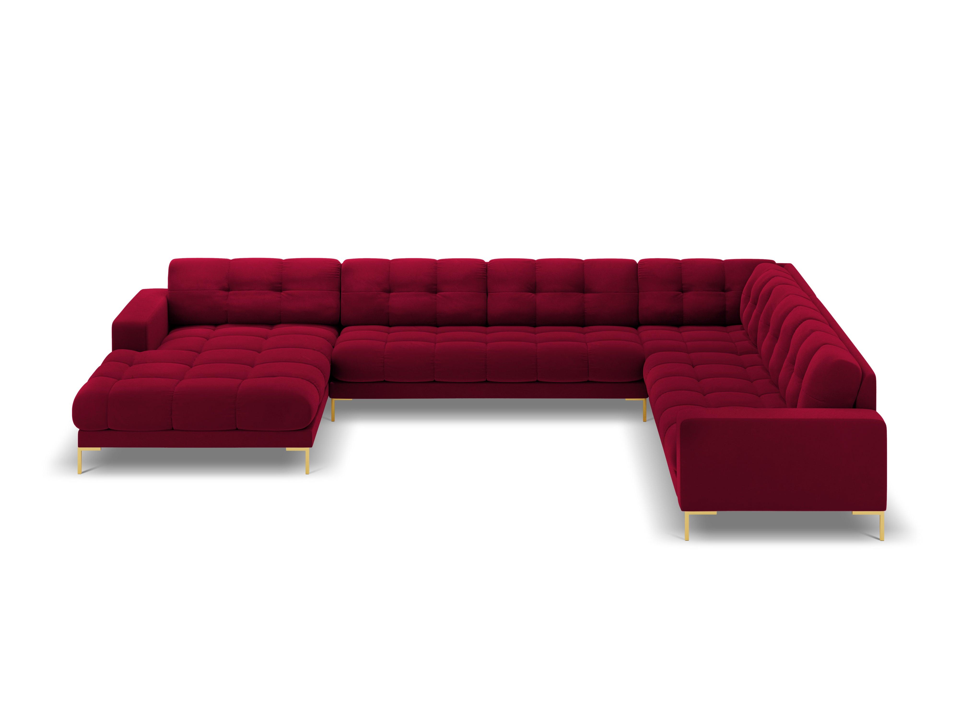 Sofa aksamitna panoramiczna prawostronna 7-osobowa BALI czerwony ze złotą podstawą Cosmopolitan Design Eye on Design