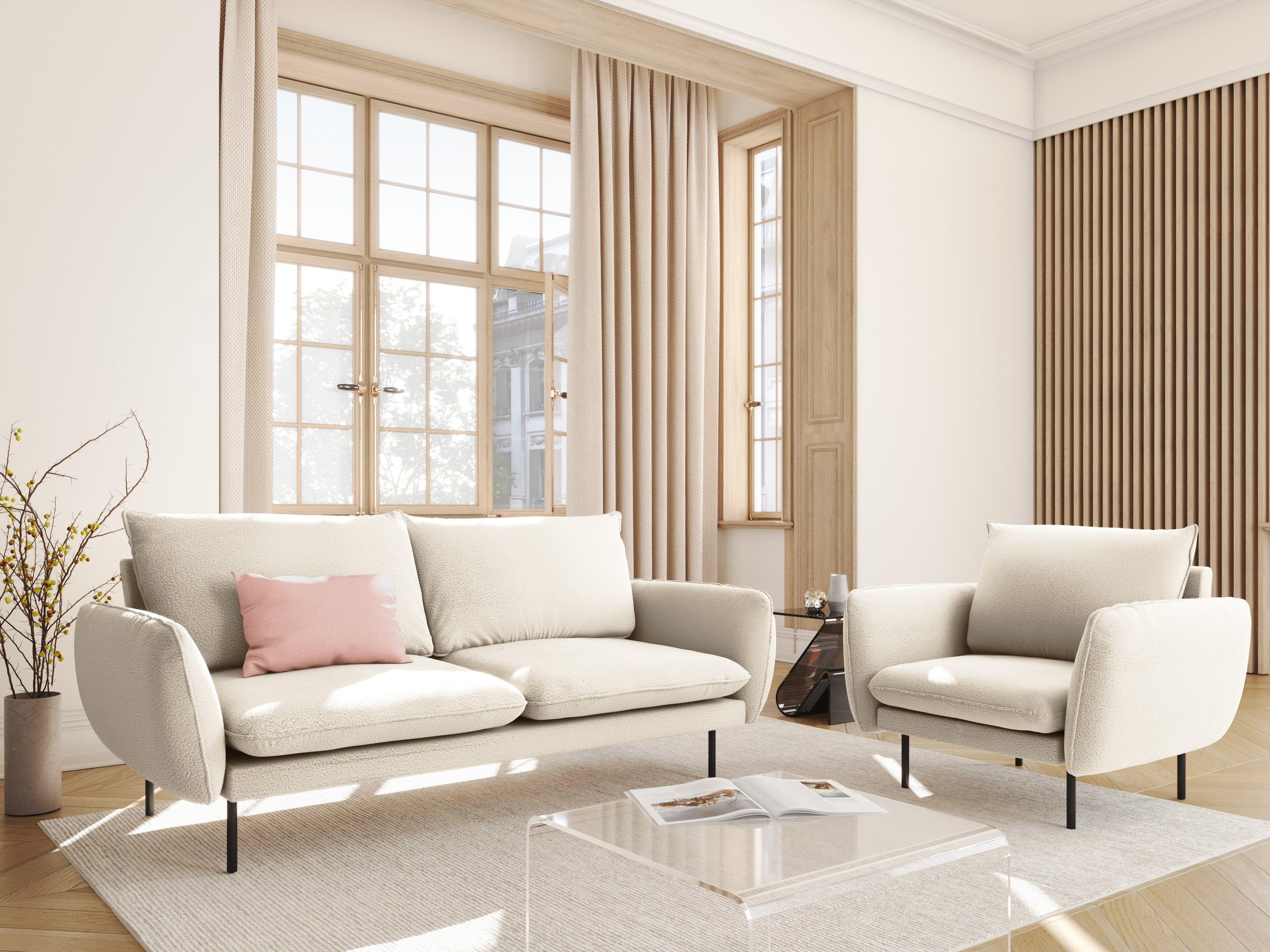 Sofa w tkaninie boucle 2-osobowa VIENNA beżowy z czarną podstawą Cosmopolitan Design Eye on Design