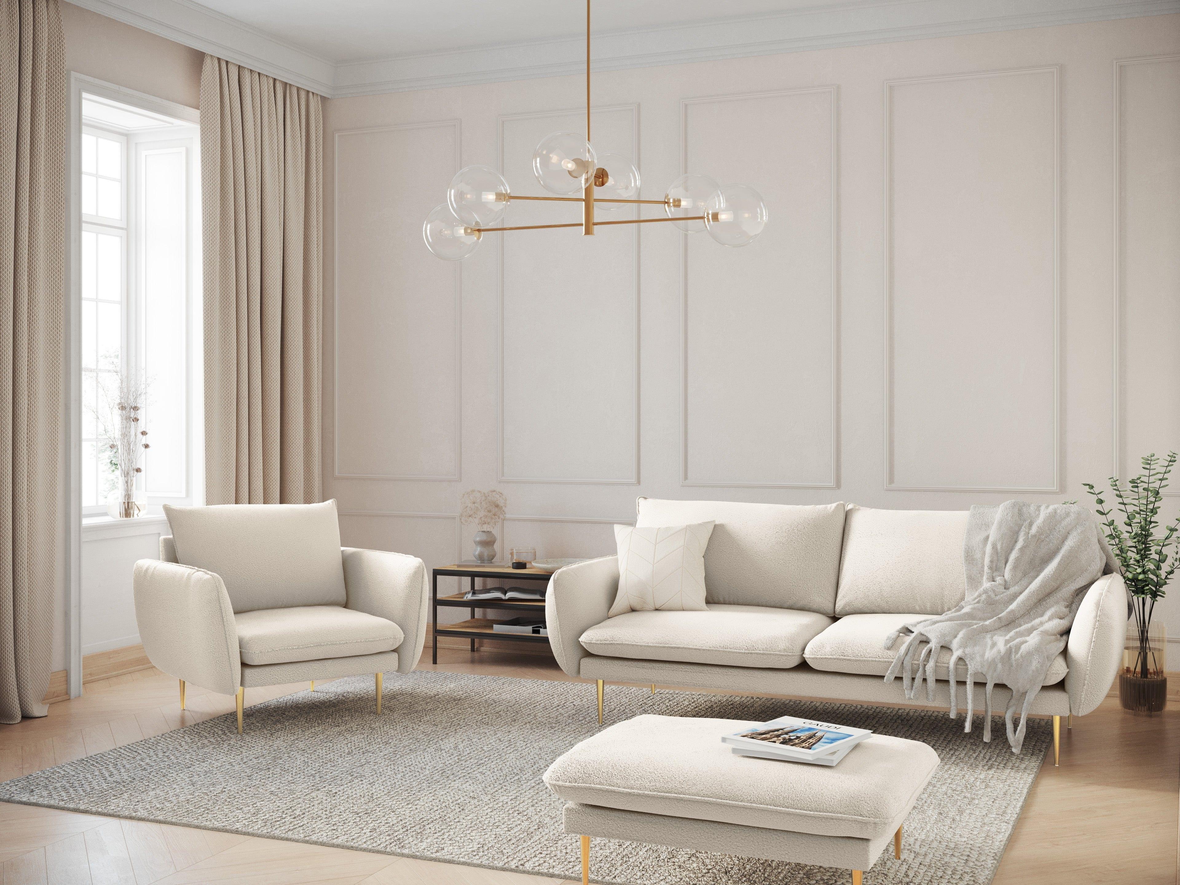 Sofa w tkaninie boucle 2-osobowa VIENNA beżowy ze złotą podstawą Cosmopolitan Design Eye on Design
