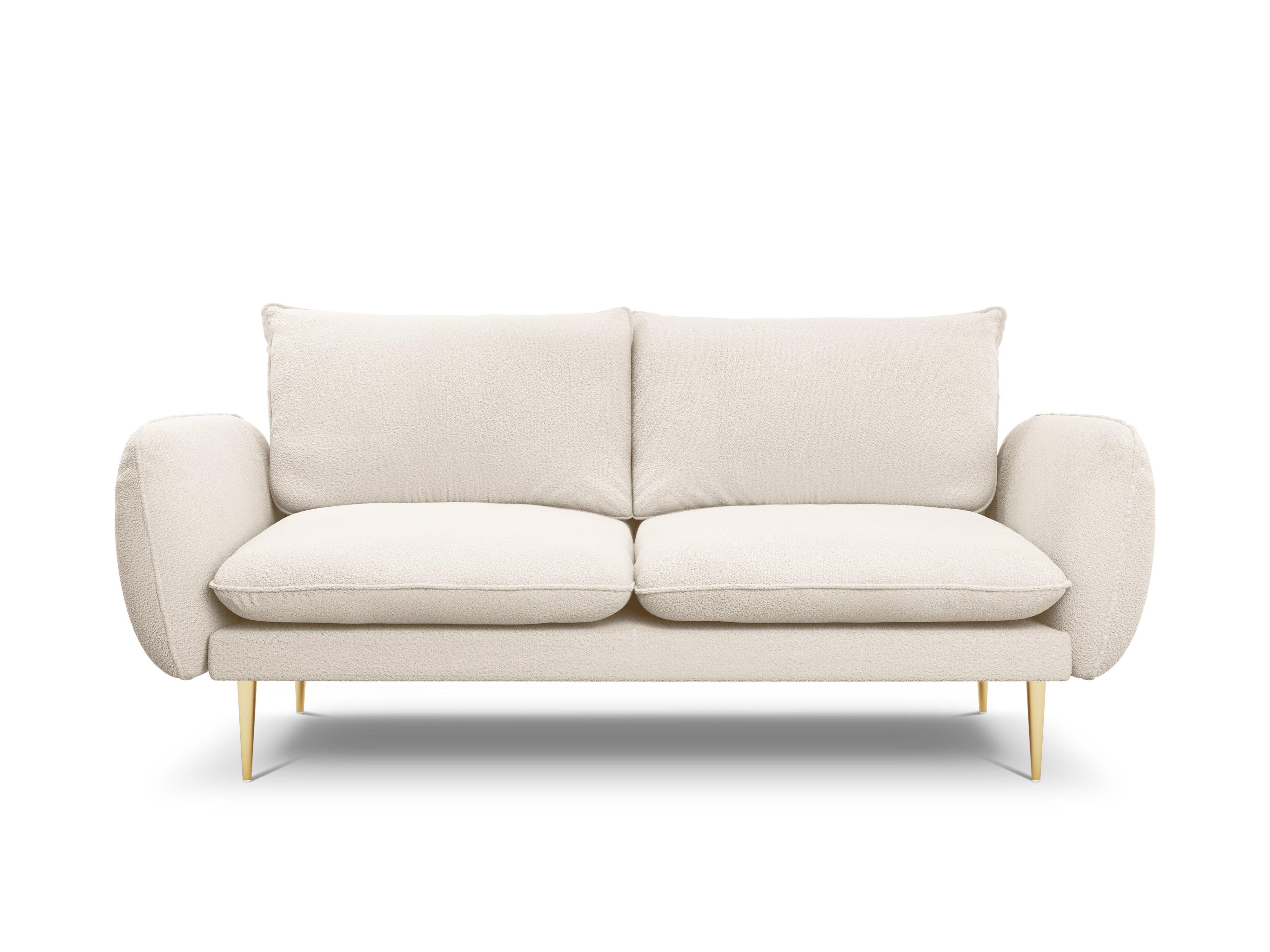 Sofa w tkaninie boucle 2-osobowa VIENNA beżowy ze złotą podstawą Cosmopolitan Design Eye on Design