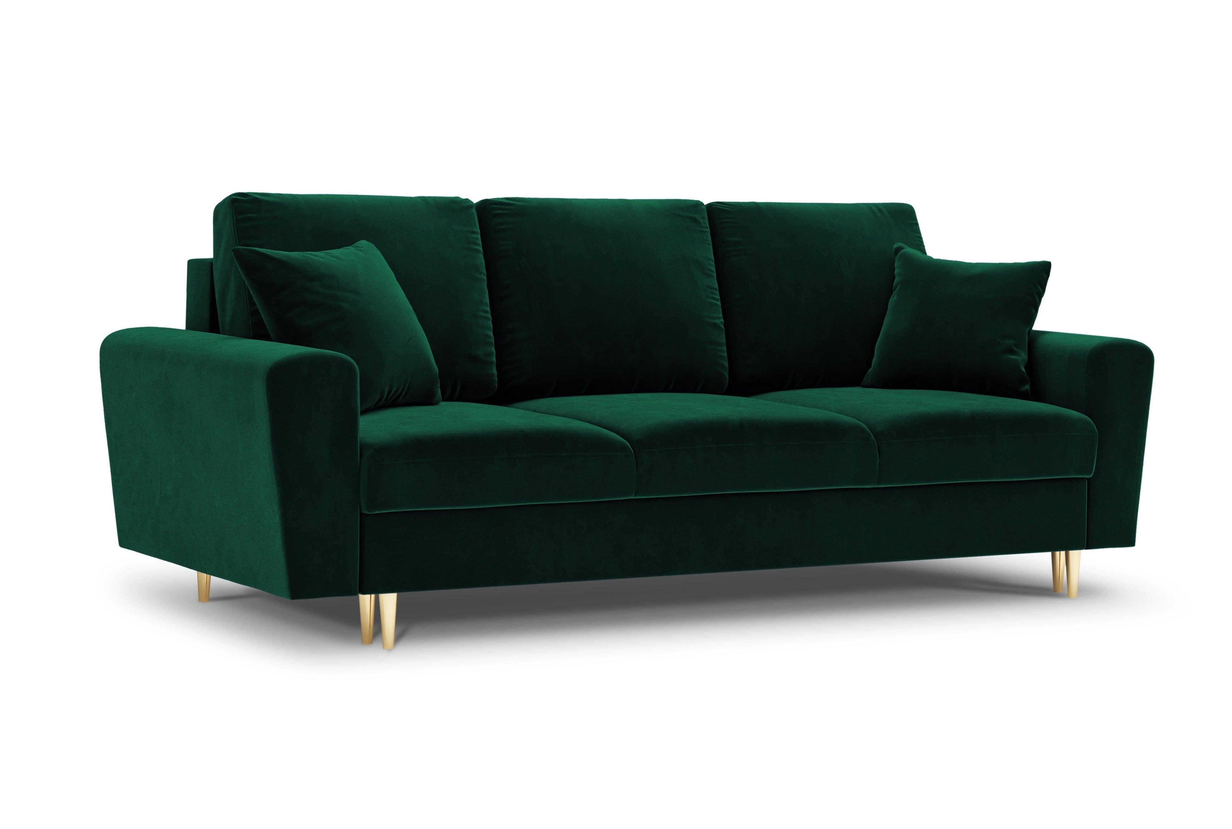 Sofa z funkcją spania KYOTO butelkowa zieleń ze złotą podstawą Cosmopolitan Design Eye on Design