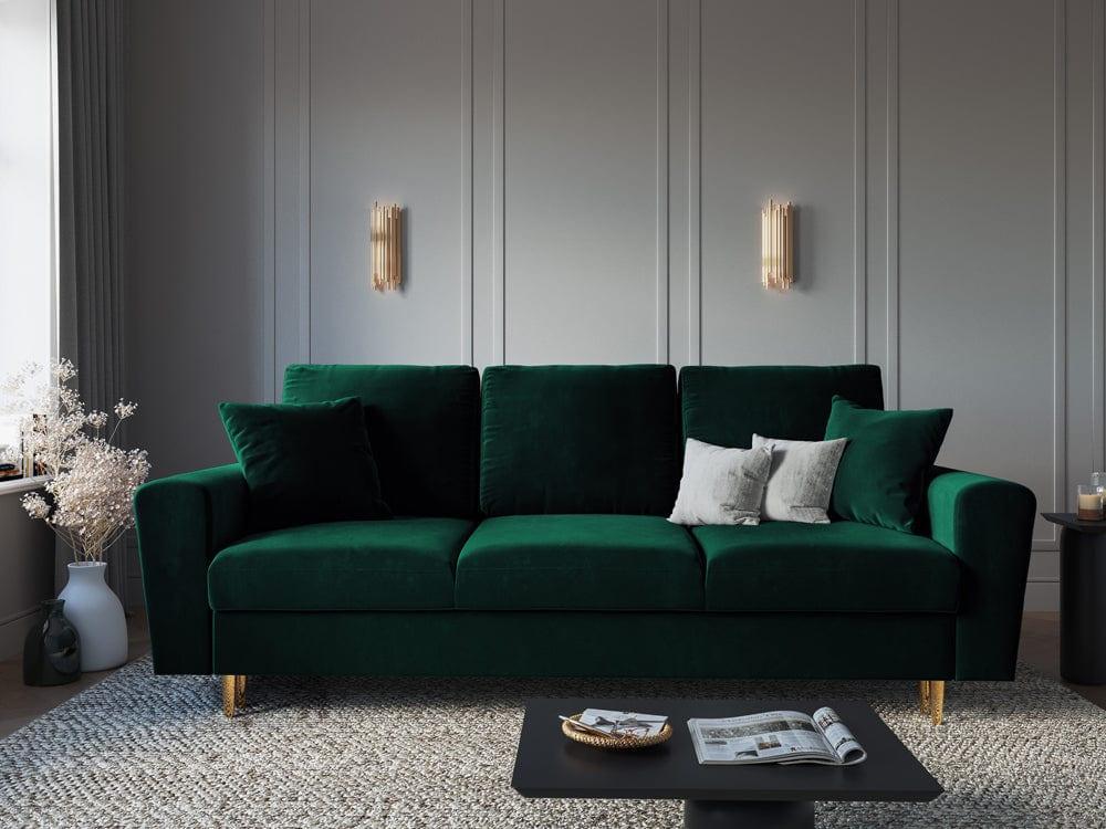 Sofa z funkcją spania KYOTO butelkowa zieleń ze złotą podstawą Cosmopolitan Design Eye on Design