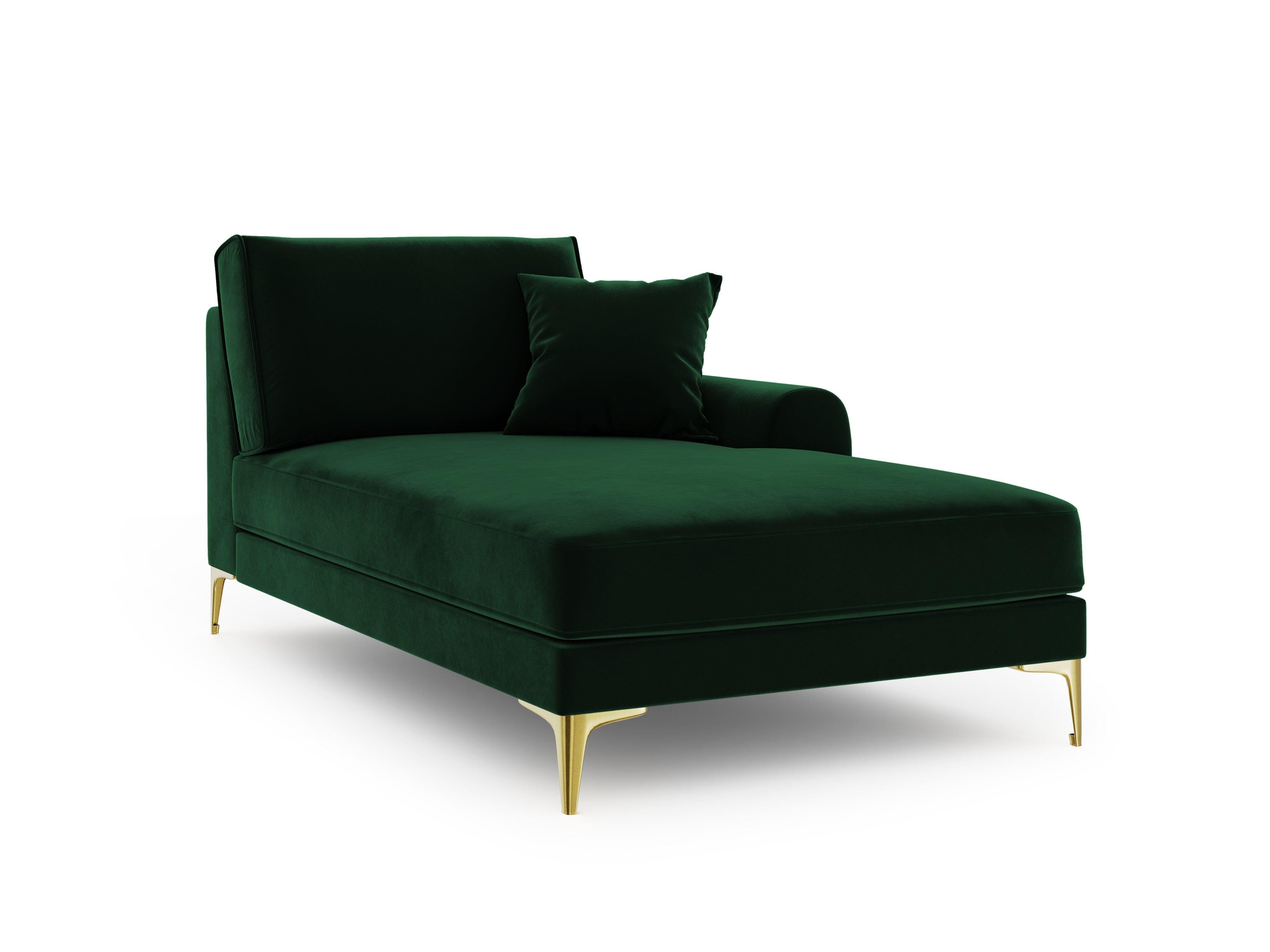 Szezlong aksamitny prawostronny MADARA butelkowa zieleń ze złotą podstawą Mazzini Sofas Eye on Design