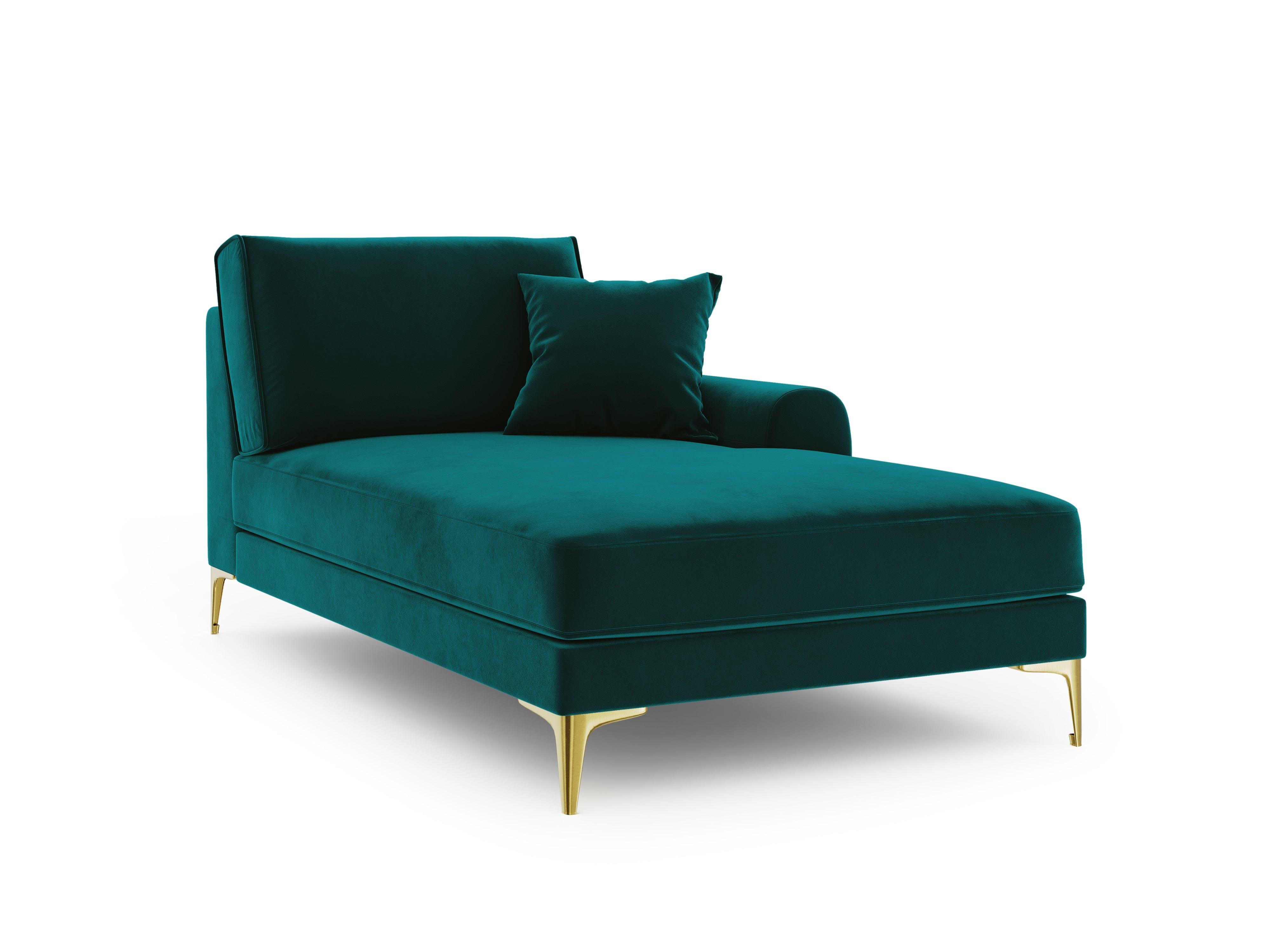 Szezlong aksamitny prawostronny MADARA turkusowy ze złotą podstawą Mazzini Sofas Eye on Design