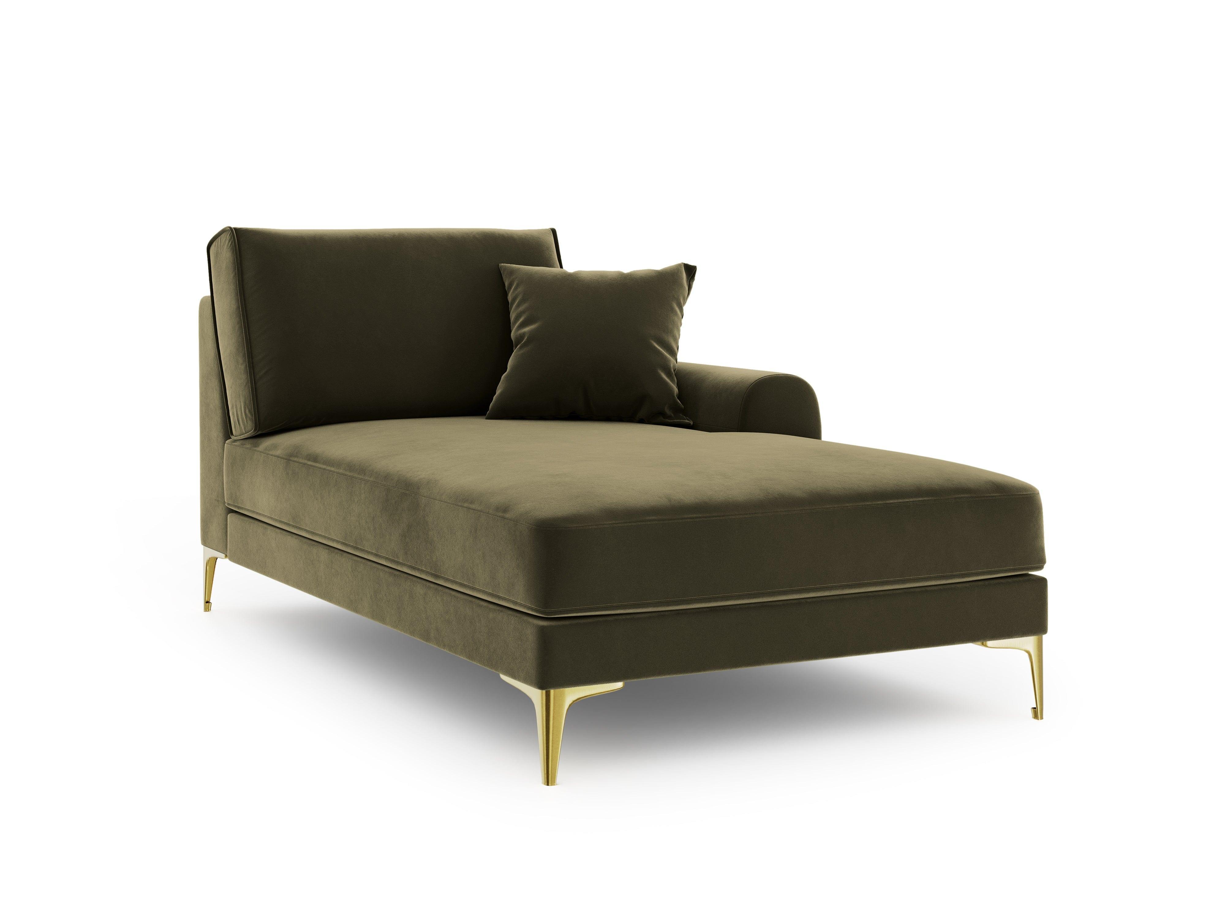 Szezlong aksamitny prawostronny MADARA zielony ze złotą podstawą Mazzini Sofas Eye on Design