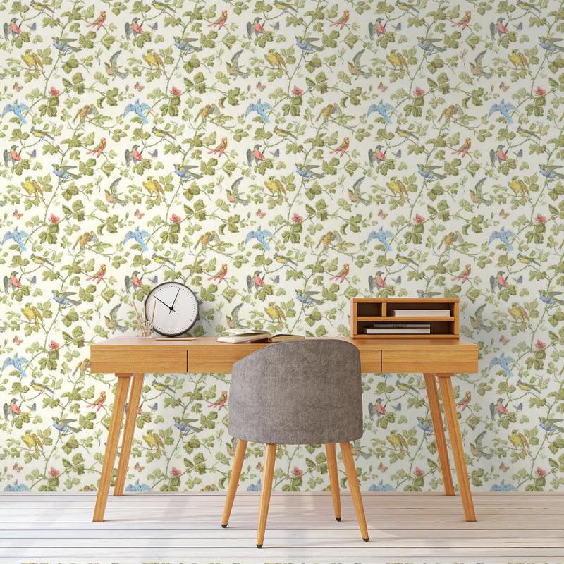 Wallpaper with a plant and animal motif of birds and leaves ARCHIVE ANTHOLOGY - Winter Birds lilac on light green