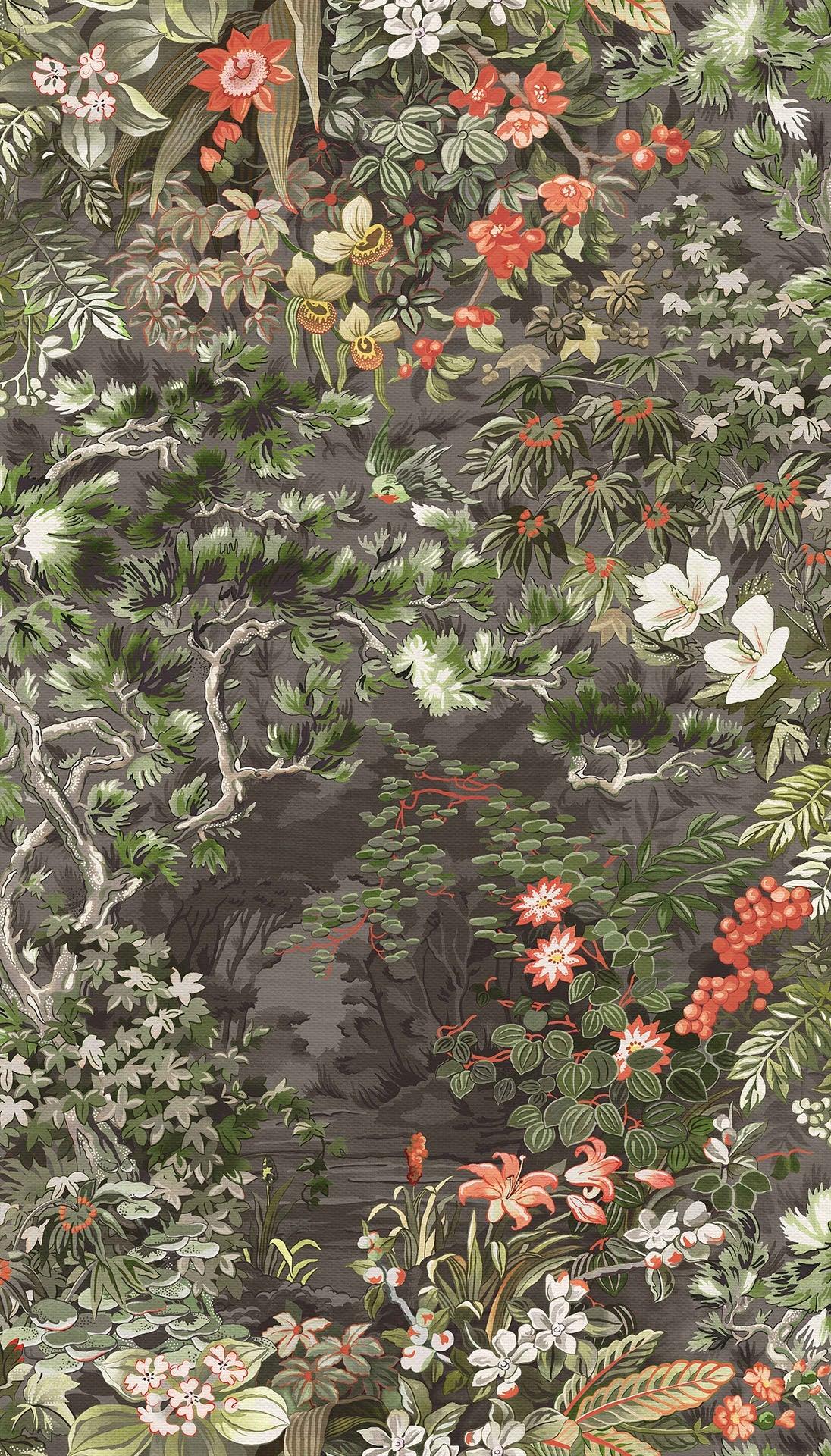 Tapeta s rastlinným motívom lesa BOTANICAL BOTANICA - Lesný šedý so zelenou