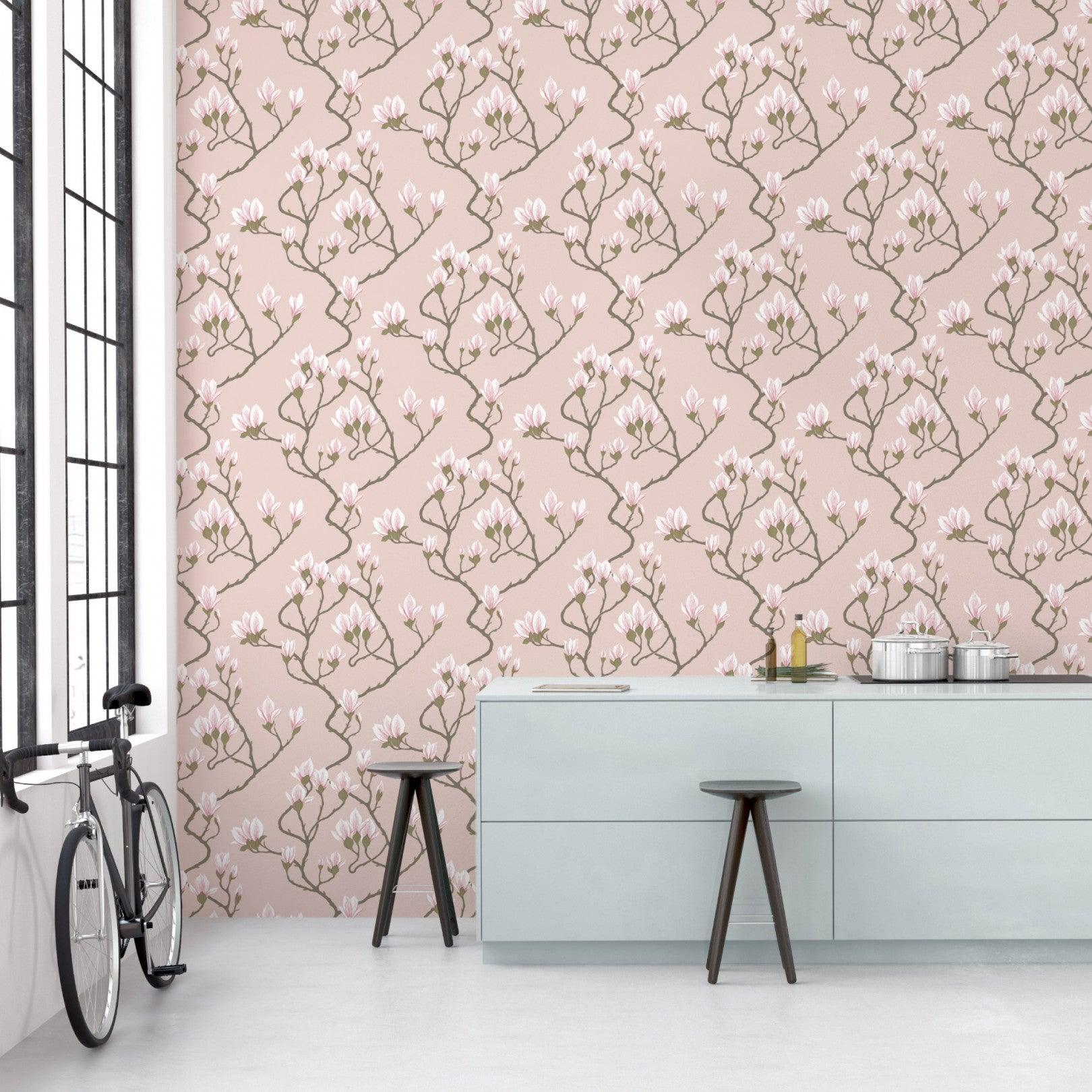 Wallpaper with a plant motif of magnolia flowers CONTEMPORARY COLLECTION - Blue Magnolia