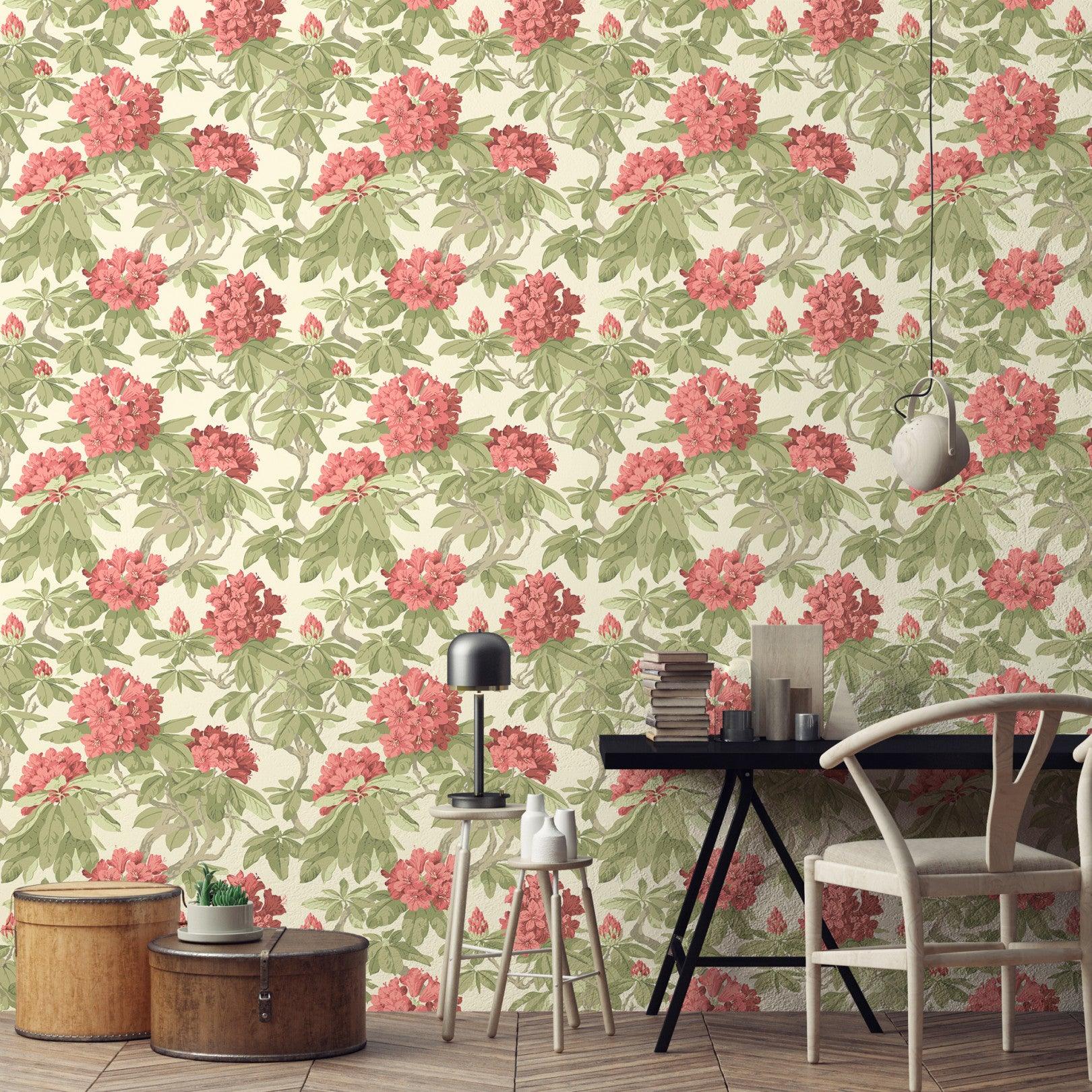 Wallpaper with a floral and leaf plant motif FOLIE - Bourlie white on lemon